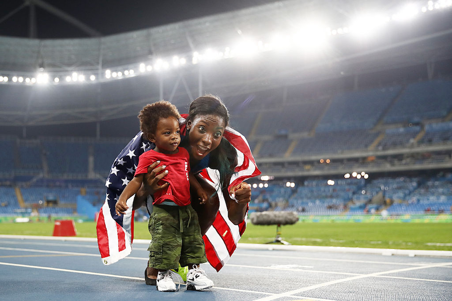 Nia Ali and son Titus Maximus celebrate in Rio