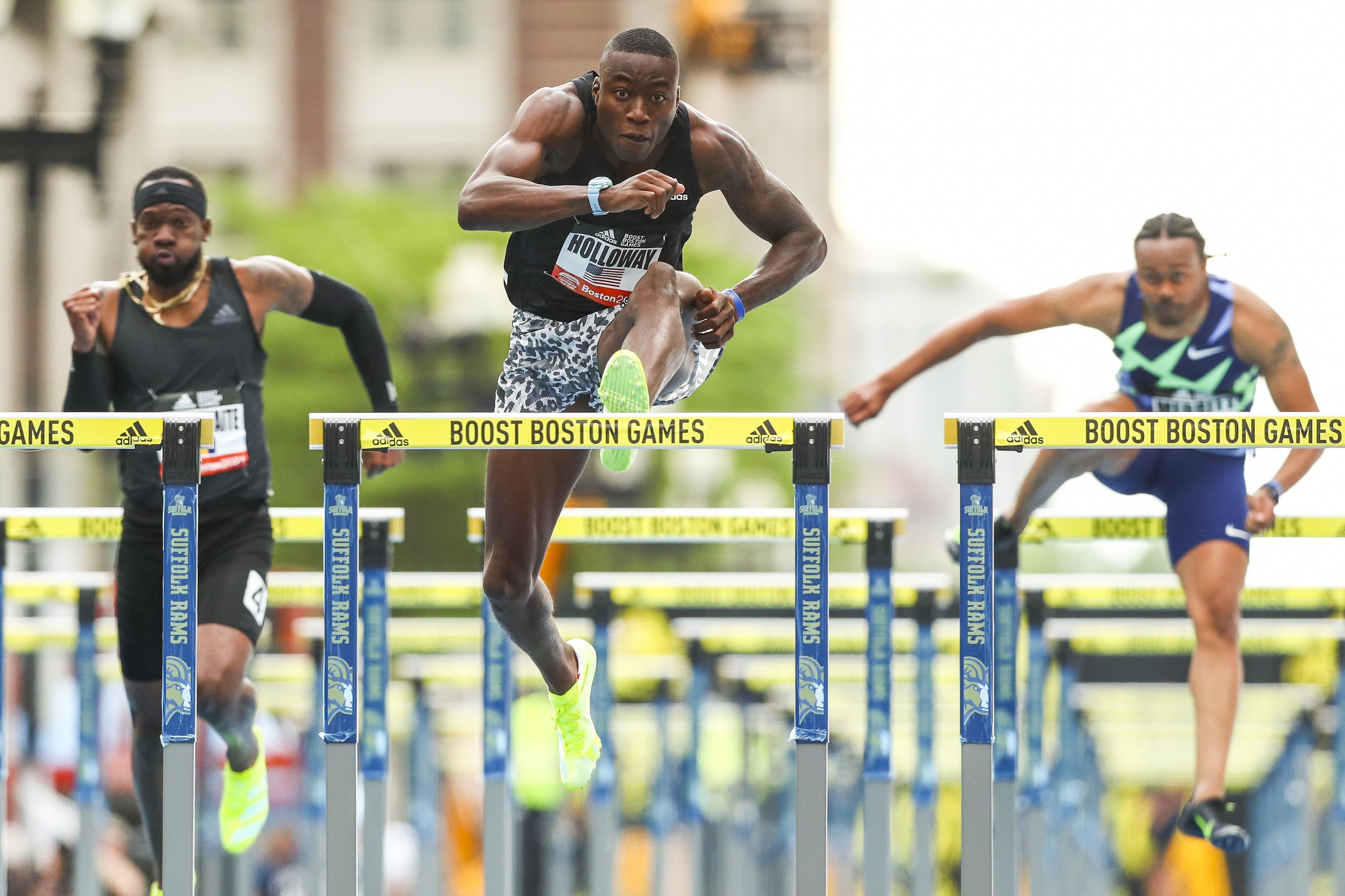 110m hurdles winner Grant Holloway at the adidas Boost Boston Games