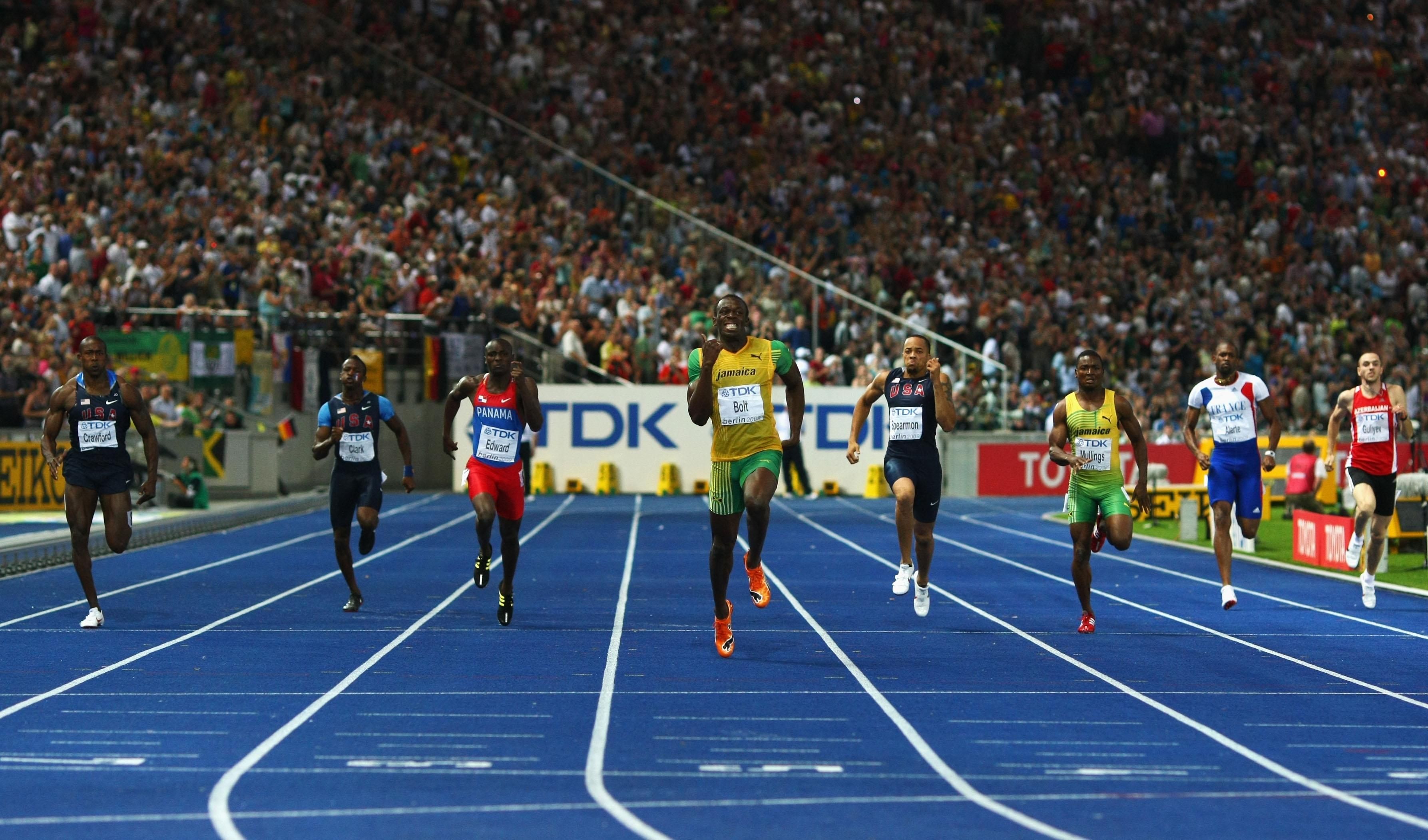 Usain Bolt of Jamaica on his way to setting the quickest 200m time in history in the Berlin Olympic Stadium during the IAAF World Championships in 2009