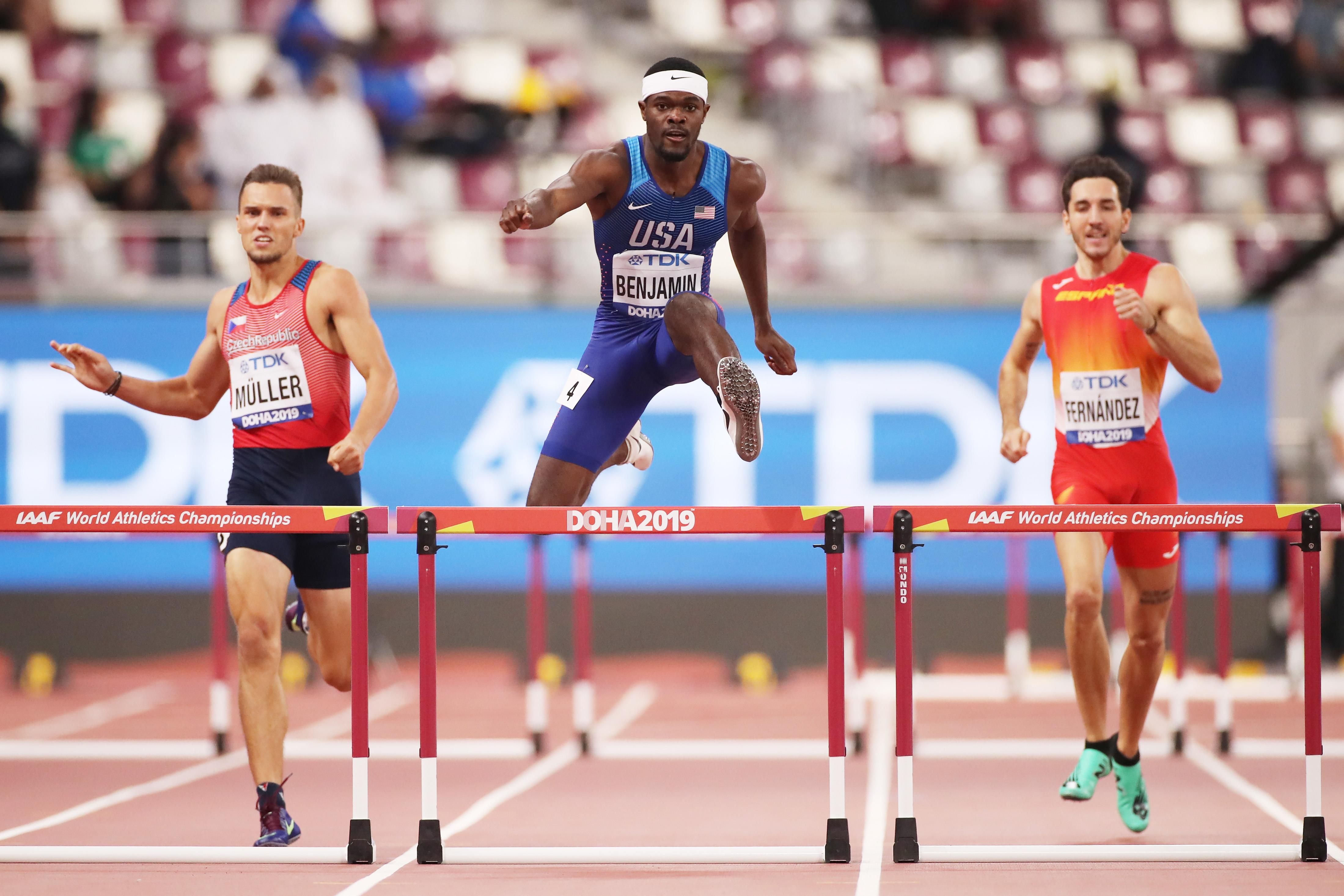 Rai Benjamin in opening round of the 400m hurdles at the IAAF World Athletics Championships Doha 2019