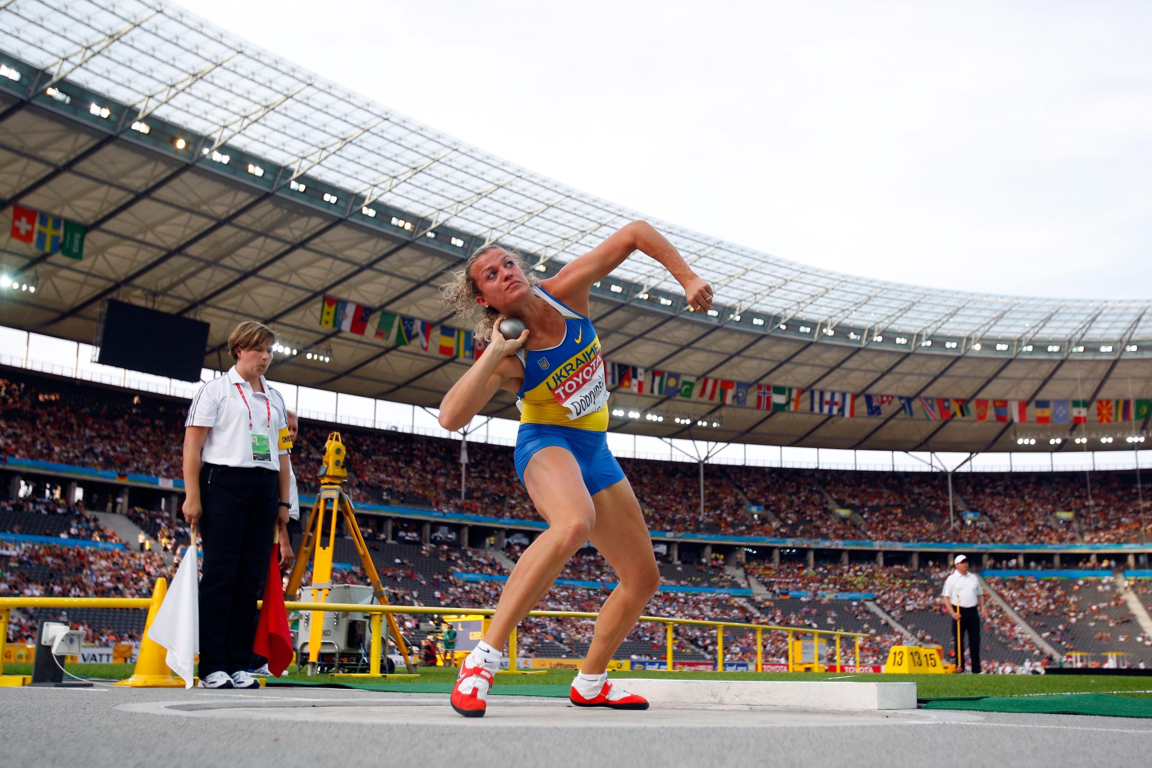 Ukraine's Olympic Champion Nataliya Dobrynska achieves the longest shot put of the Heptathlon