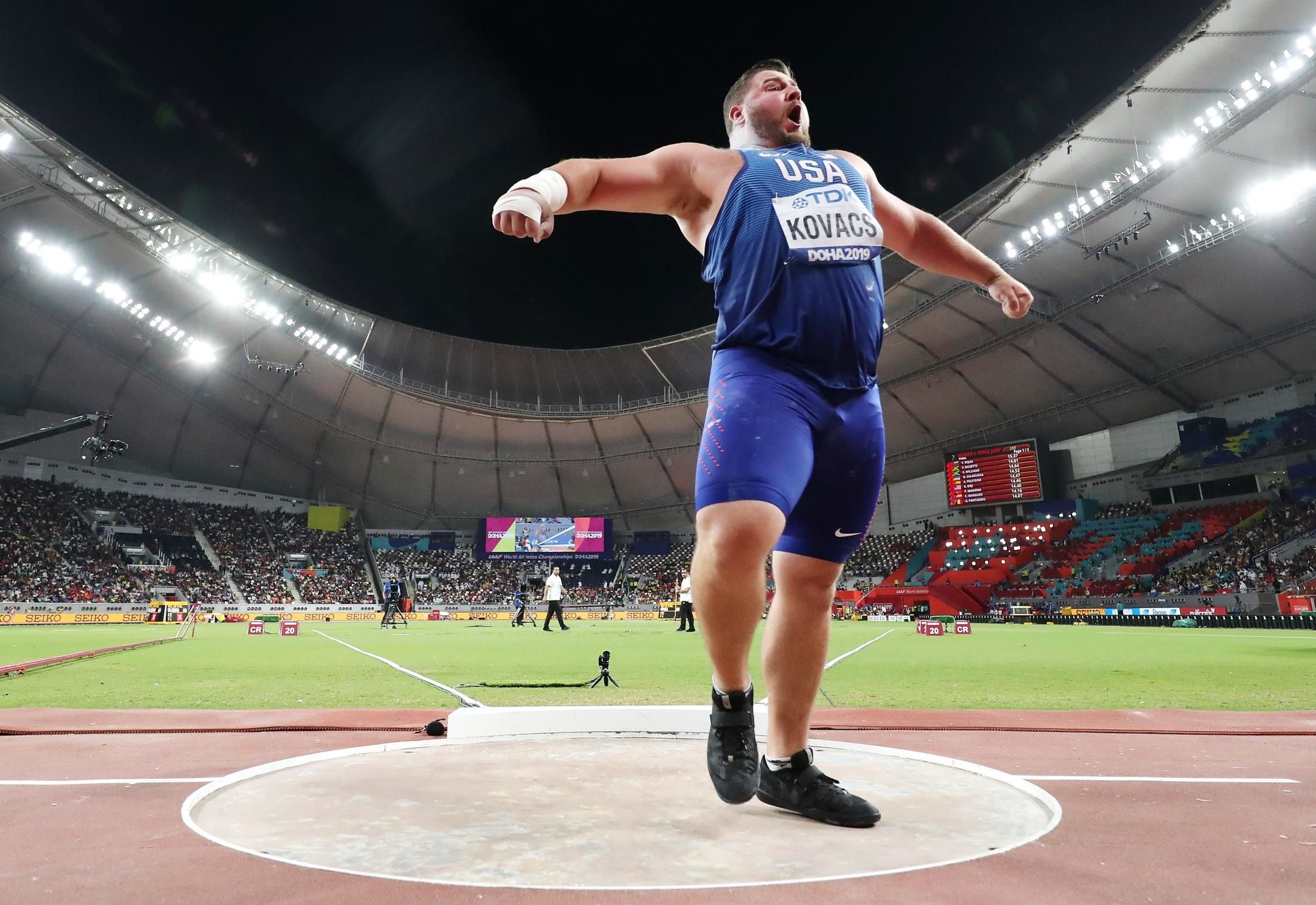 Joe Kovacs after unleashing his winning throw at the IAAF World Athletics Championships Doha 2019