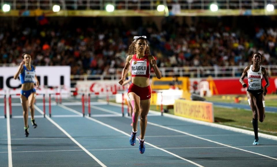 Sydney McLaughlin winning the girls' 400m hurdles title at the IAAF World Youth Championships, Cali 2015