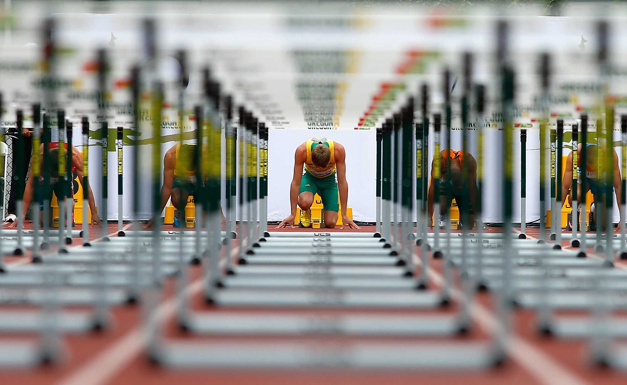  Cedric Dubler of Australia gets set in the blocks for the start of the 110m hurdle portion of the men's decathlon during day two of the IAAF World Junior Championships at Hayward Field on July 23, 2014 in Eugene, Oregon. (Photo by Jonathan Ferrey/Getty Images)