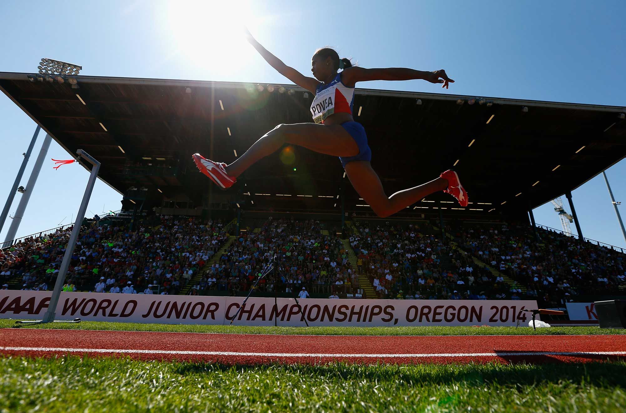 Liadagmis Povea of Cuba competes in the women's triple jump during day five of the IAAF World Junior Championships at Hayward Field on July 26, 2014 in Eugene, Oregon. (Photo by Jonathan Ferrey/Getty Images)