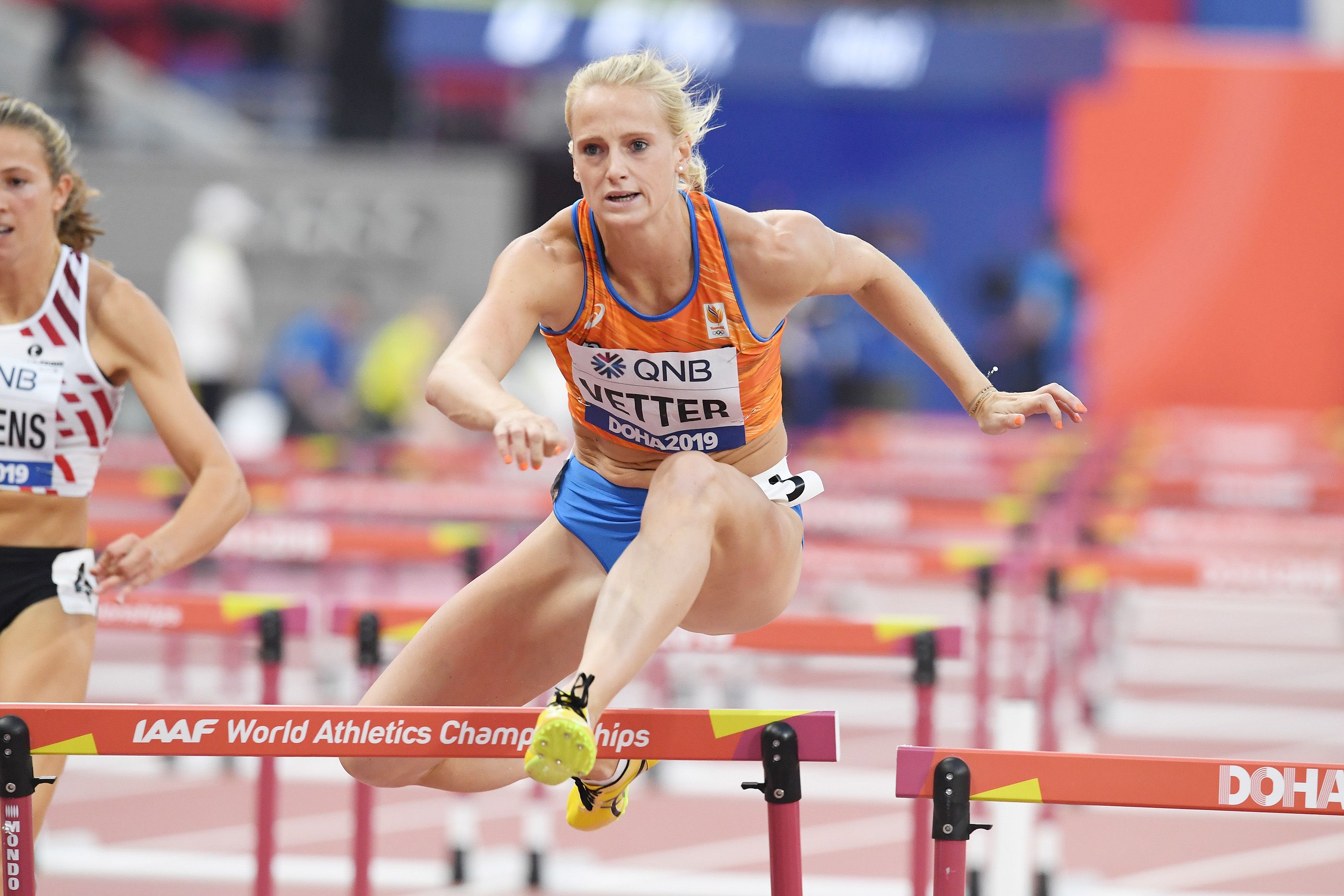 Anouk Vetter in the heptathlon 100m hurdles at the World Athletics Championships Doha 2019