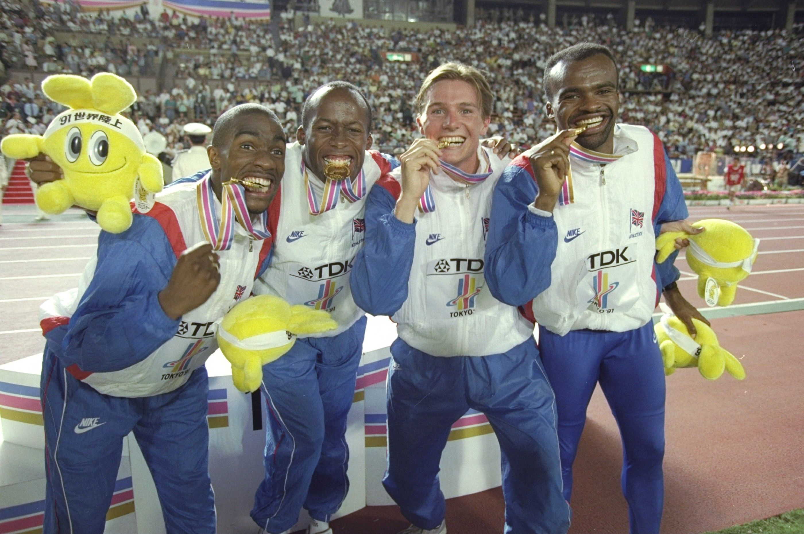 Derek Redmond, John Regis, Roger Black and Kriss Akabusi of GB after winning 1991 world 4x400m gold in Tokyo