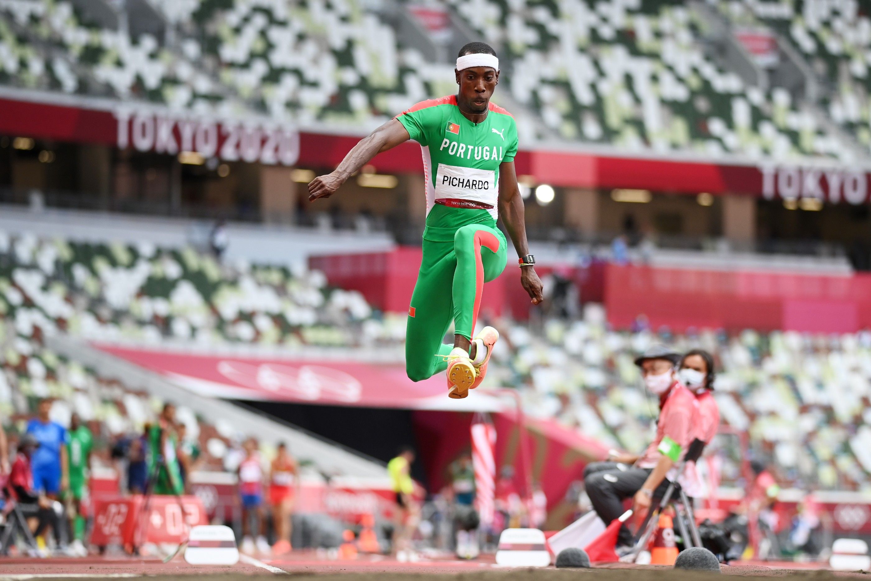 Portugal's Olympic triple jump champion Pedro Pichardo on his way to gold in Tokyo