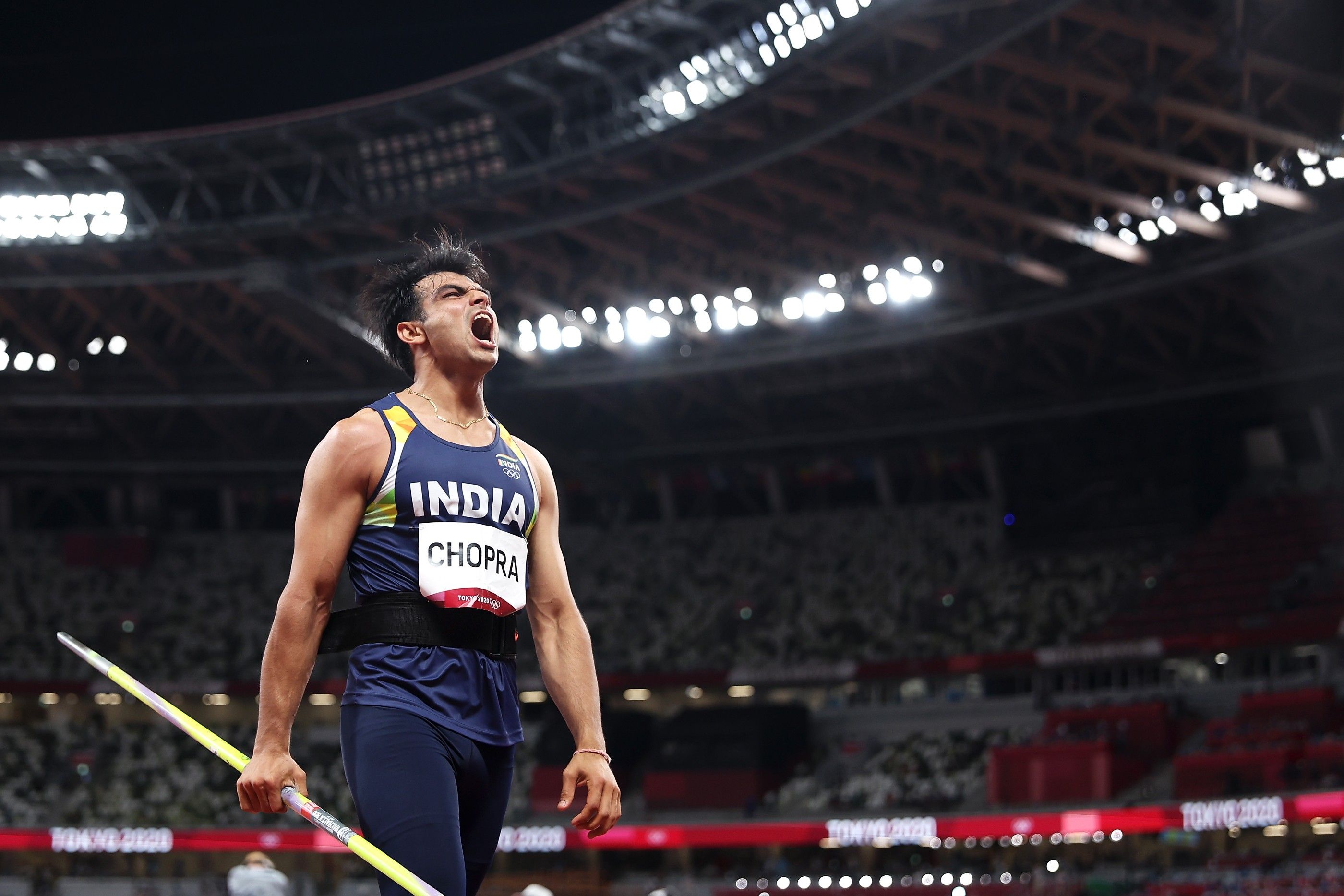 Neeraj Chopra celebrates his javelin win at the Tokyo 2020 Olympic Games