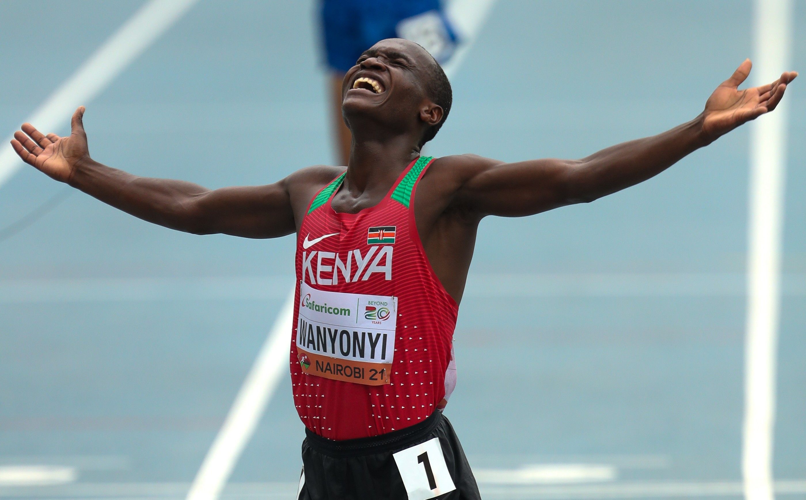Heristone Wanyonyi celebrates his world U20 10,000m race walk win in Nairobi