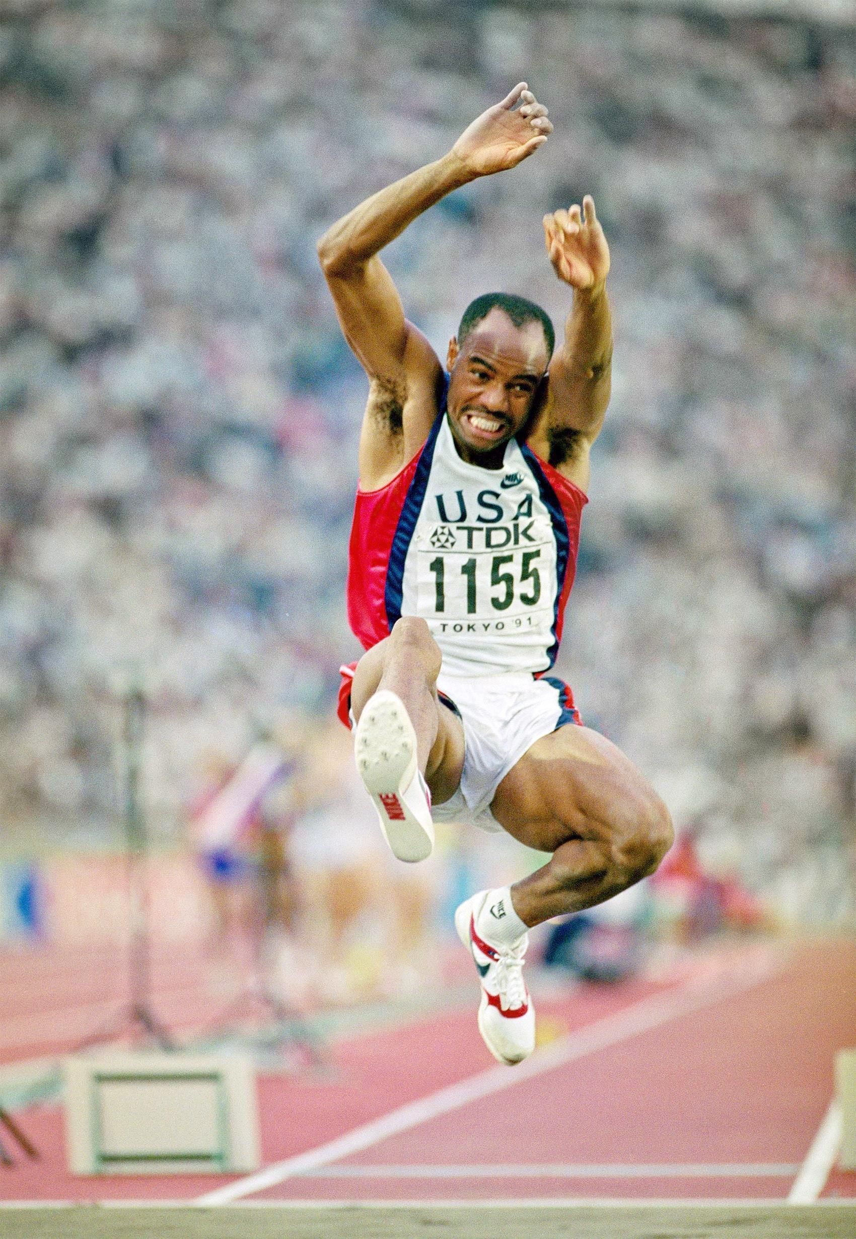 Mike Powell sails to his 8.95m world record leap at the 1991 World Championships in Tokyo