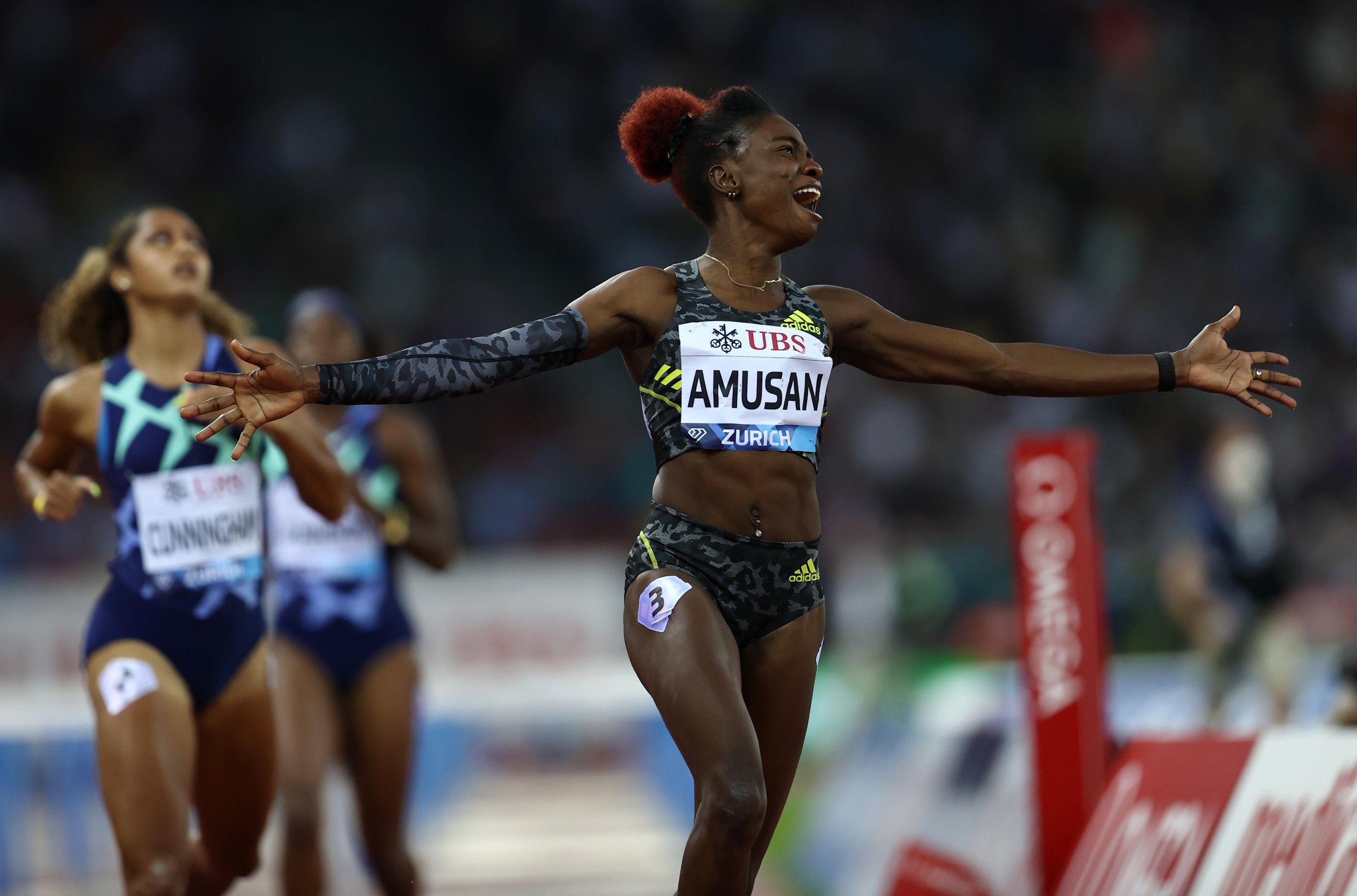 Tobi Amusan celebrates her 100m hurdles win at the Wanda Diamond League final in Zurich