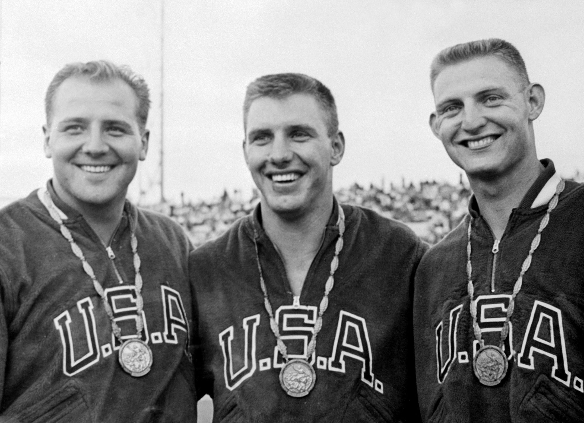 USA's 1960 Olympic discus medallists Rink Babka, Al Oerter and Dick Cochran