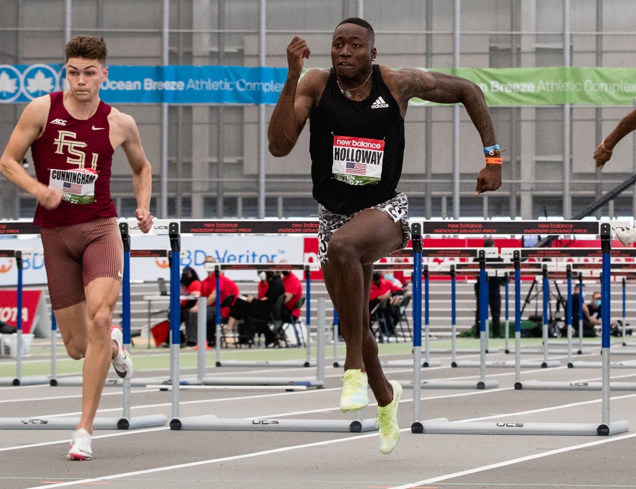 Grant Holloway on his way to a 60m hurdles win at the 2022 New Balance Indoor Grand Prix