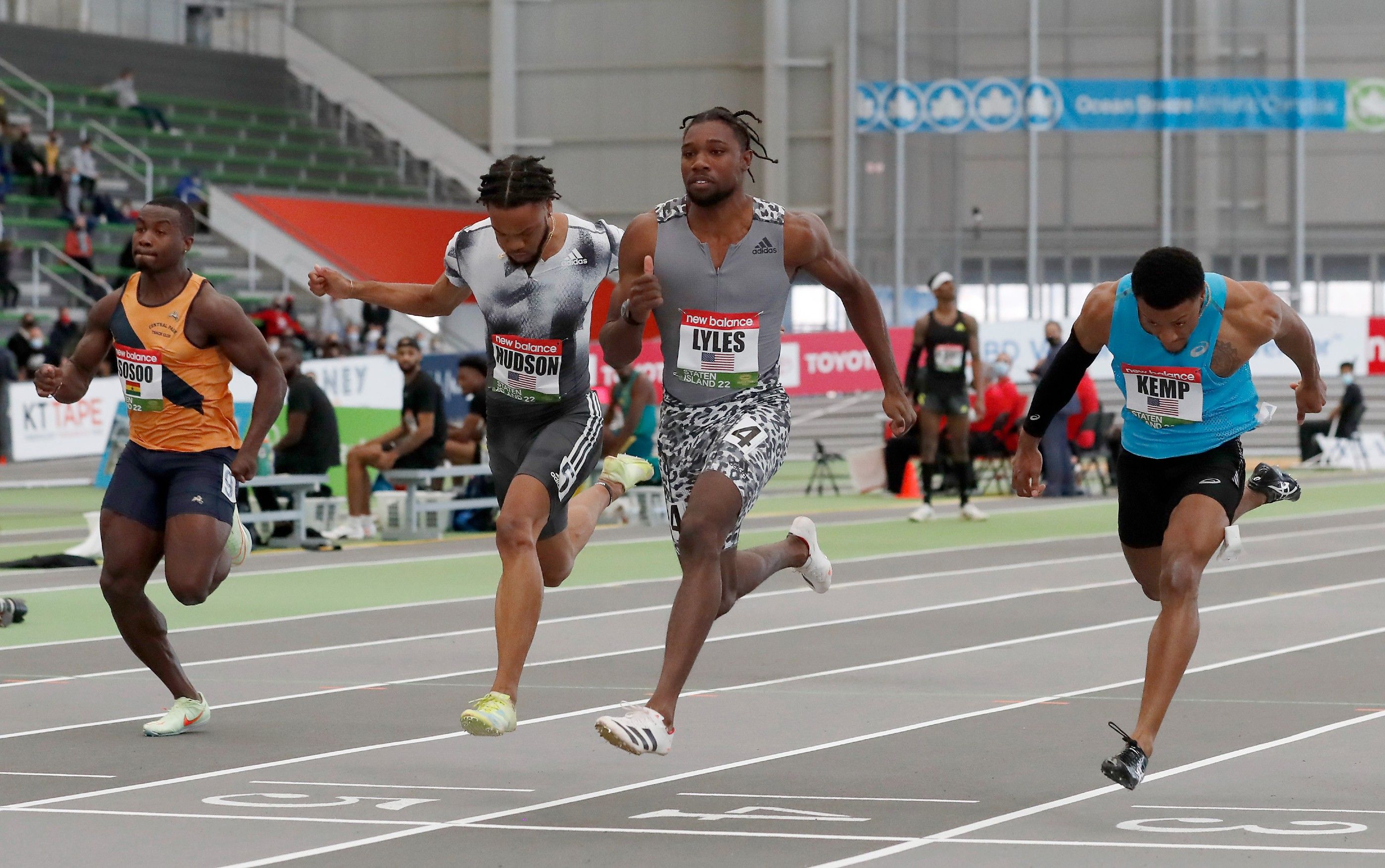 Noah Lyles in 60m action at the New Balance Indoor Grand Prix