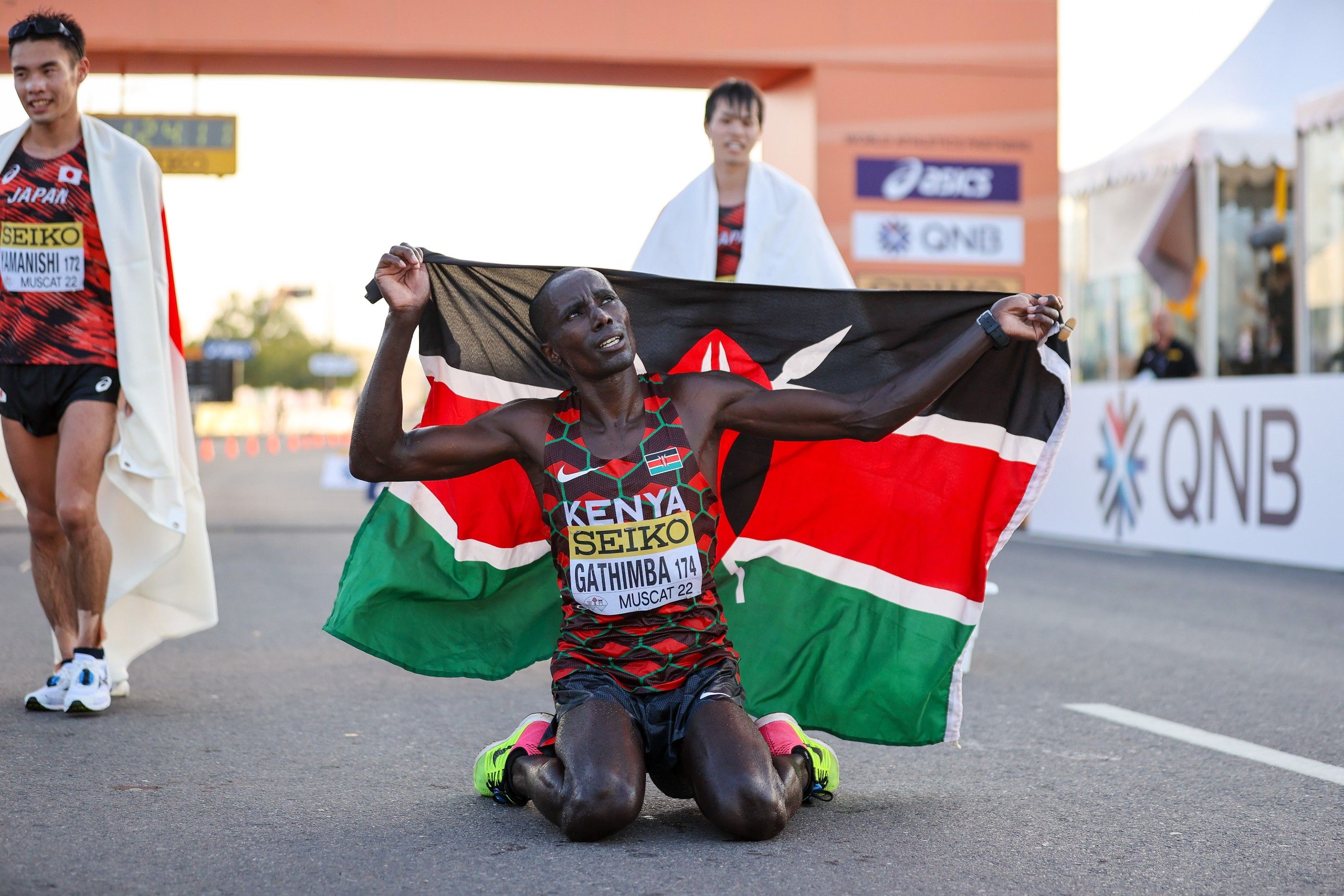 Kenya's Samuel Gathimba celebrates his 20km bronze in Muscat