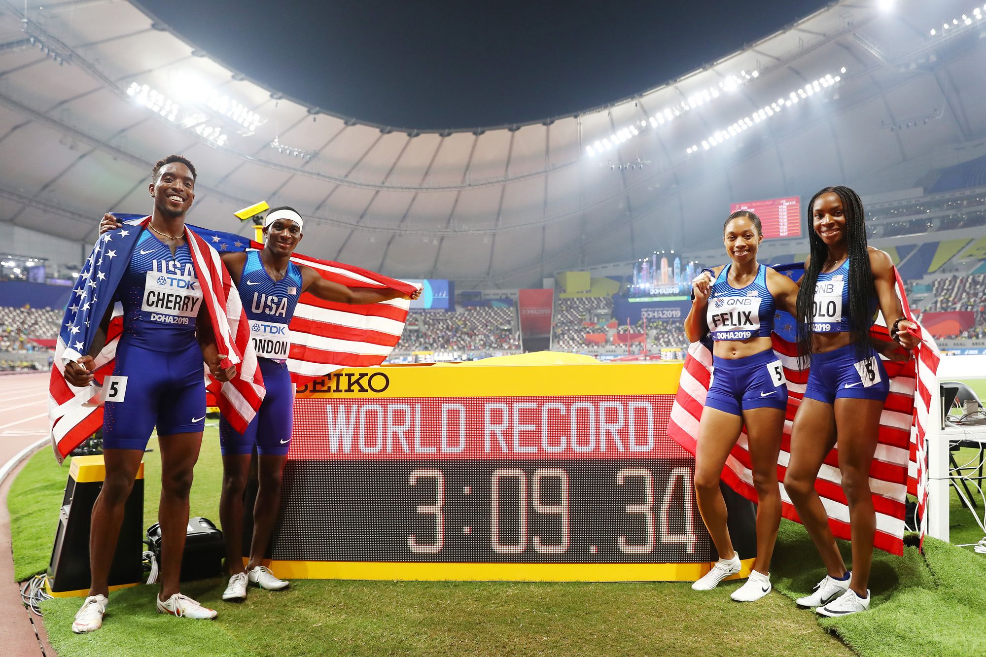 USA quartet wins the mixed 4x400m relay in a world record time at the World Athletics Championships Doha 2019
