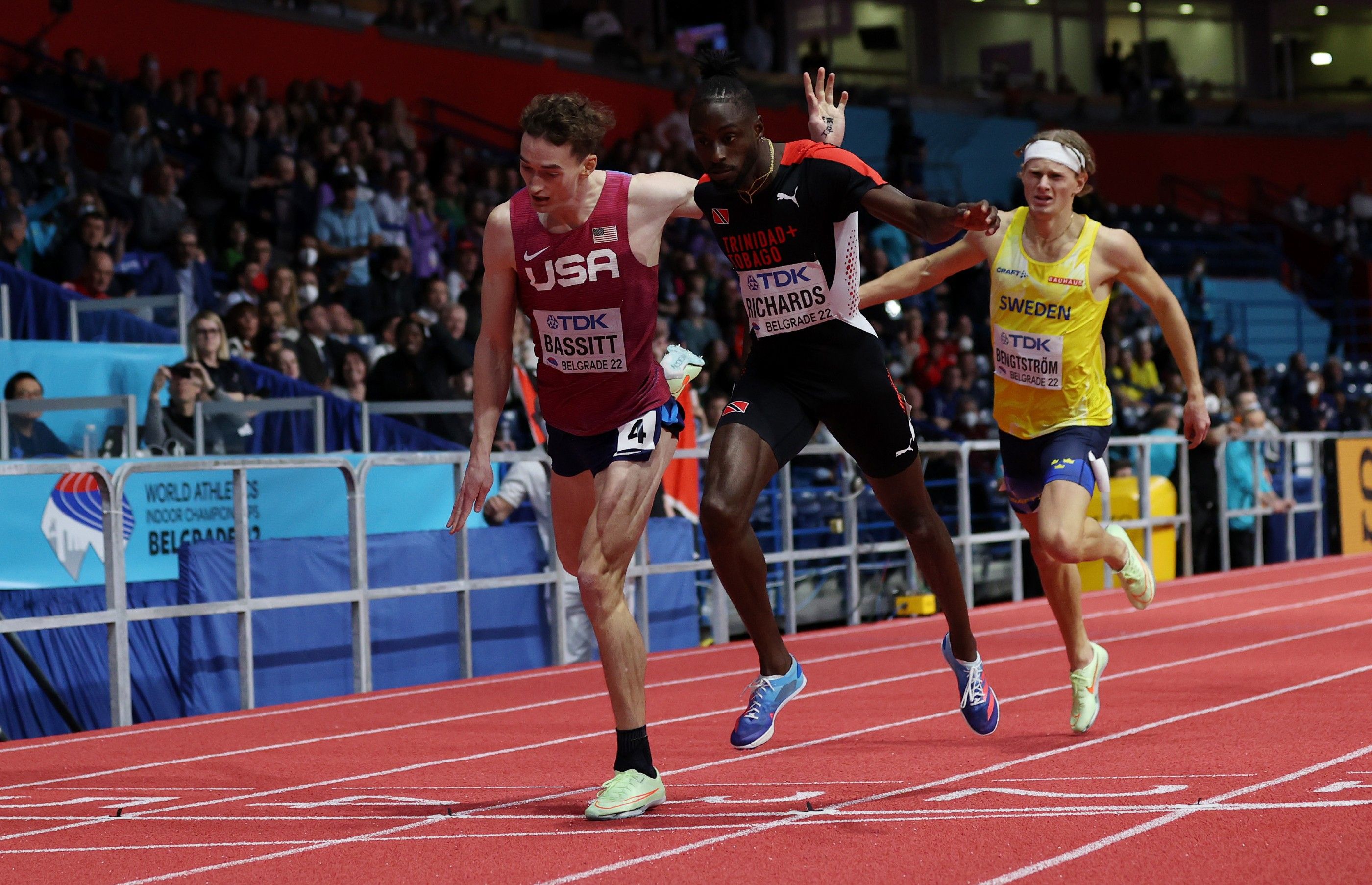 Jereem Richards wins the battle for the line in the world indoor 400m final in Belgrade