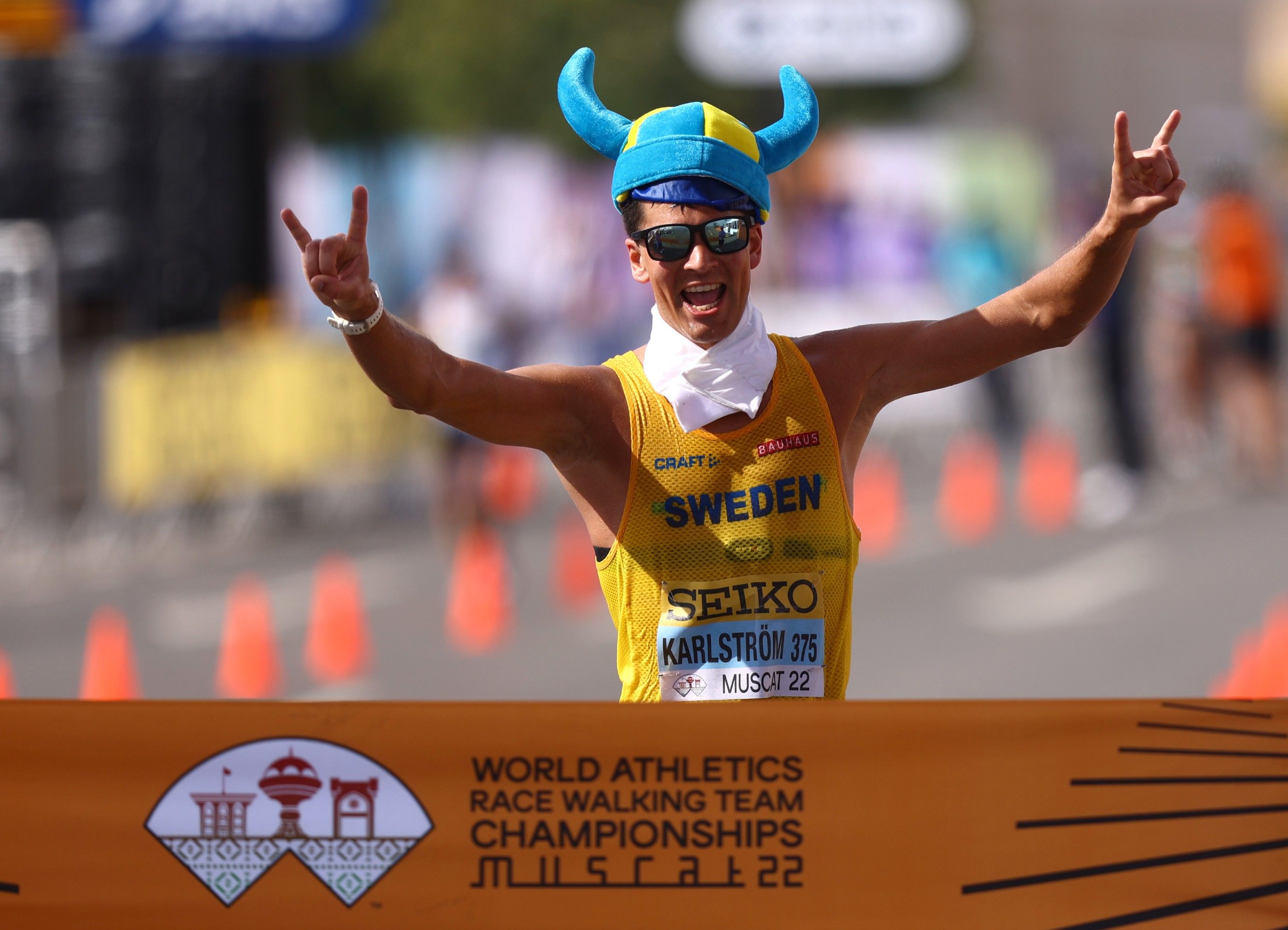 Perseus Karlstrom celebrates his win at the World Athletics Race Walking Team Championships Muscat 22