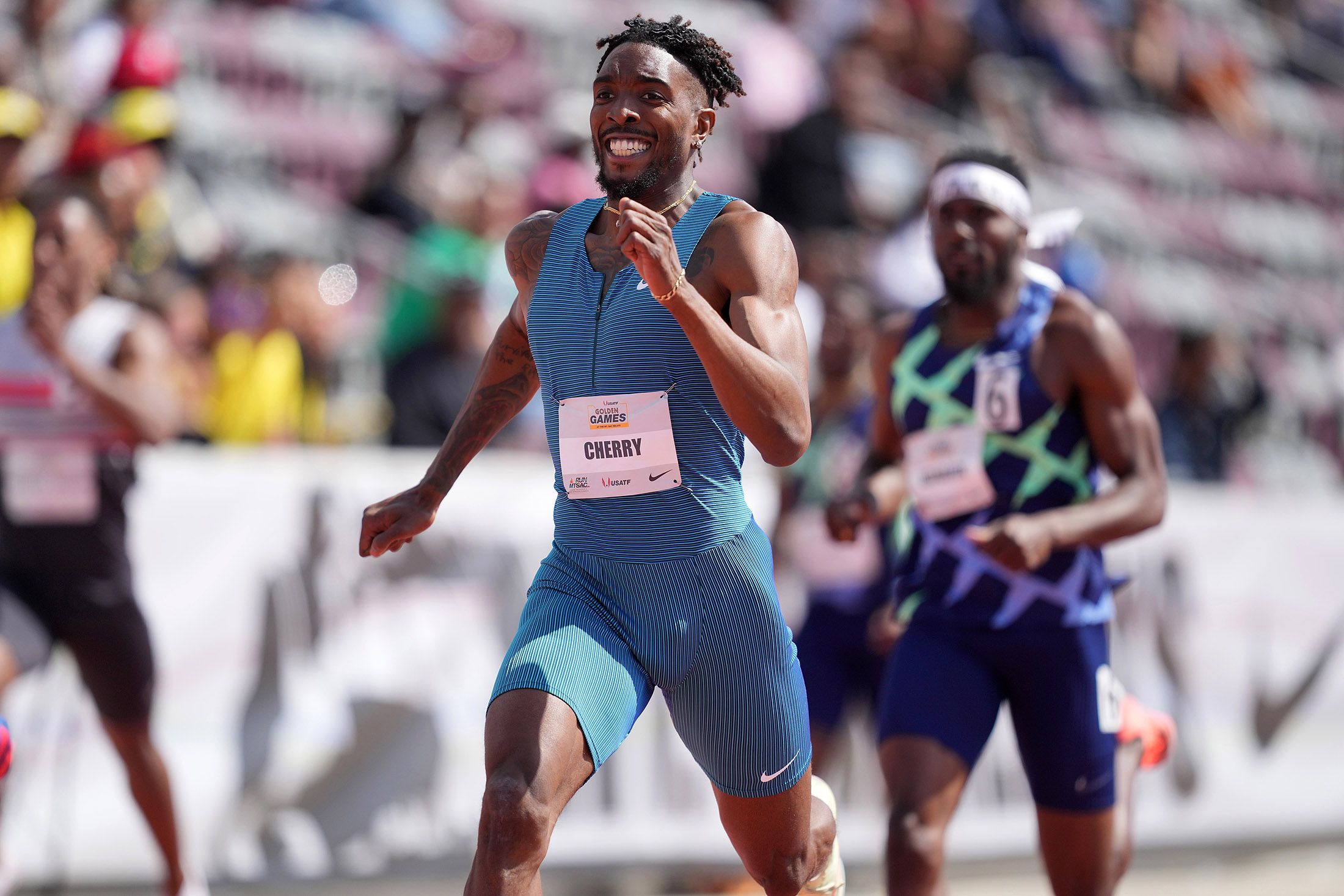 Michael Cherry wins the 400m at the Continental Tour Gold meeting at Mt SAC