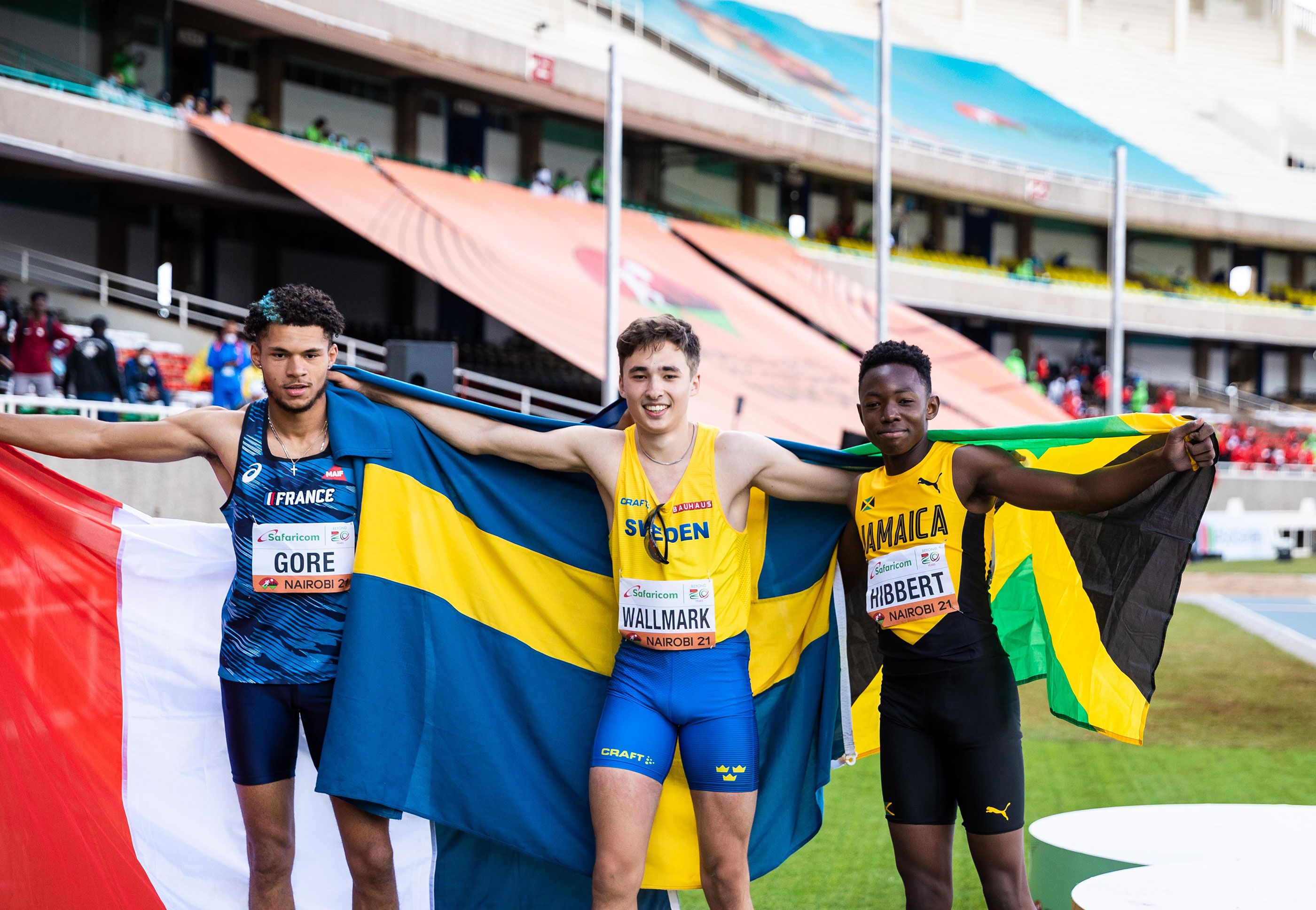 Bronze medallist Simon Gore, winner Gabriel Wallmark and silver medallist Jaydon Hibbert in Nairobi