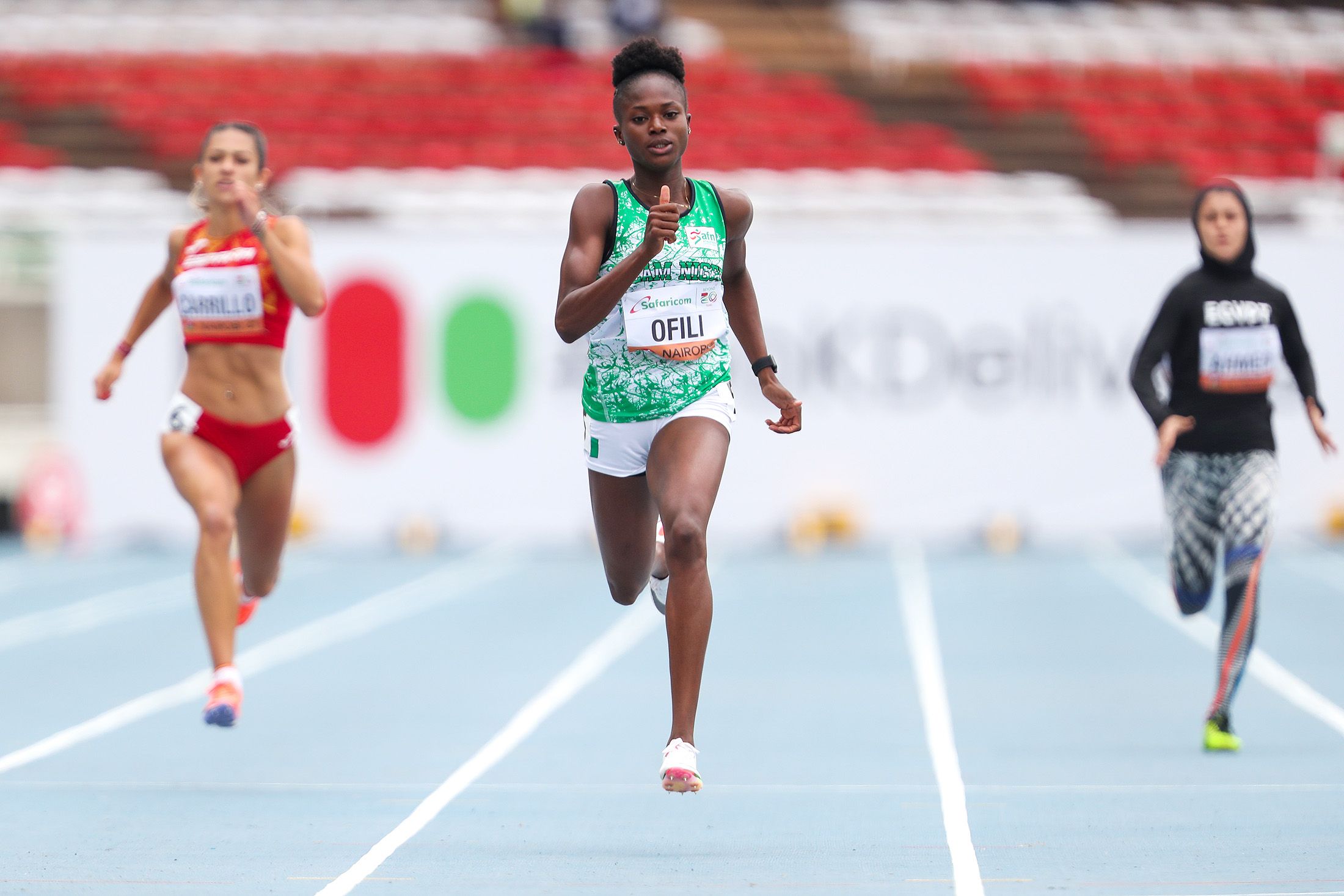 Favour Ofili in the 200m at the World Athletics U20 Championships Nairobi 21