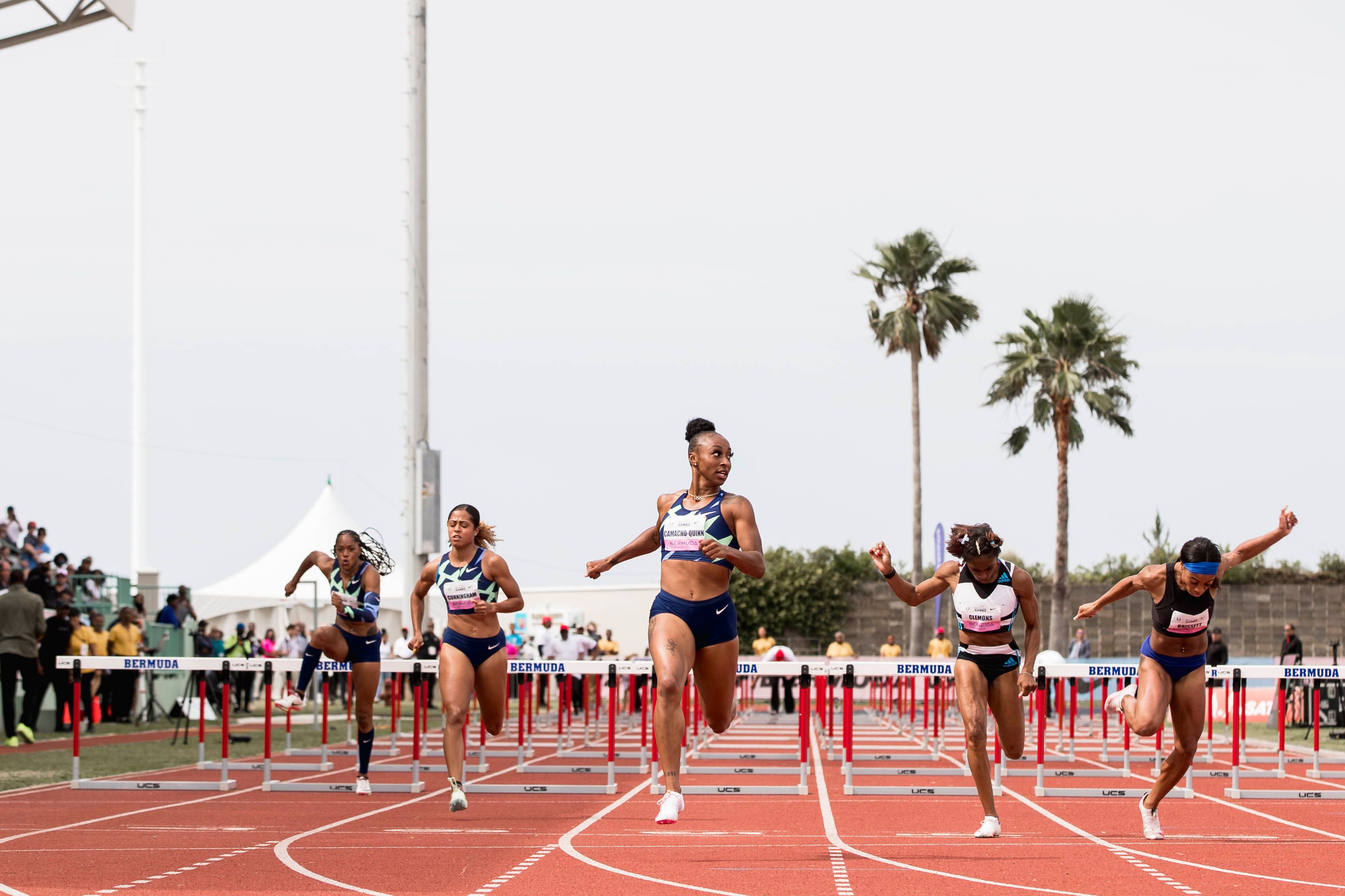 Jasmine Camacho-Quinn on her way to a 100m hurdles win at the Continental Tour Gold meeting in Bermuda