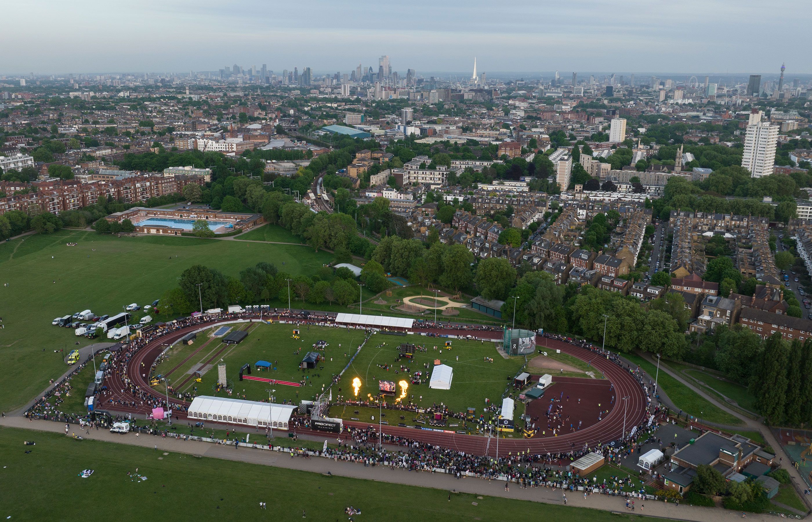Aerial view of the Night of the 10,000m PBs at Parliament Hill Athletics Track