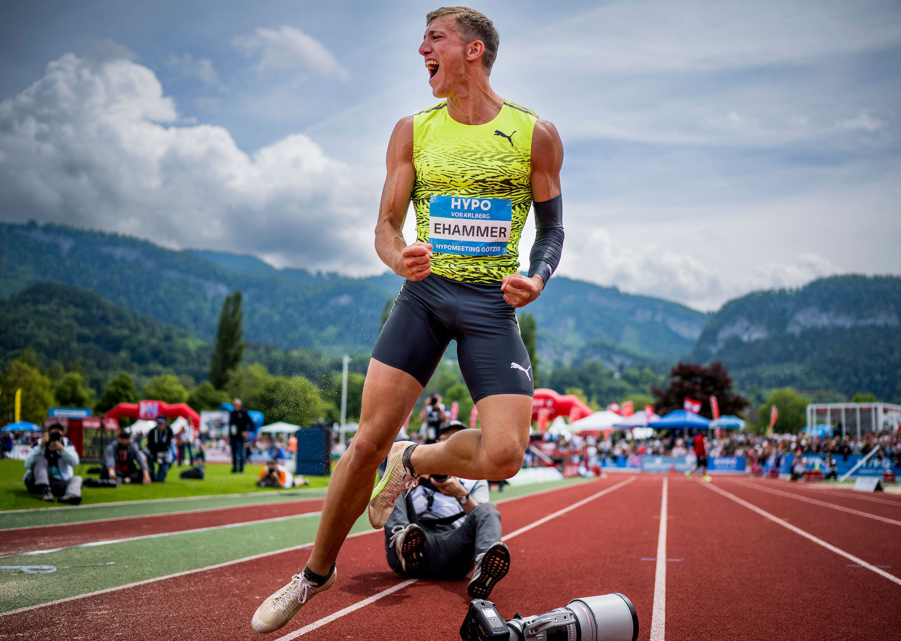 Simon Ehammer celebrates his 8.45m long jump in Götzis