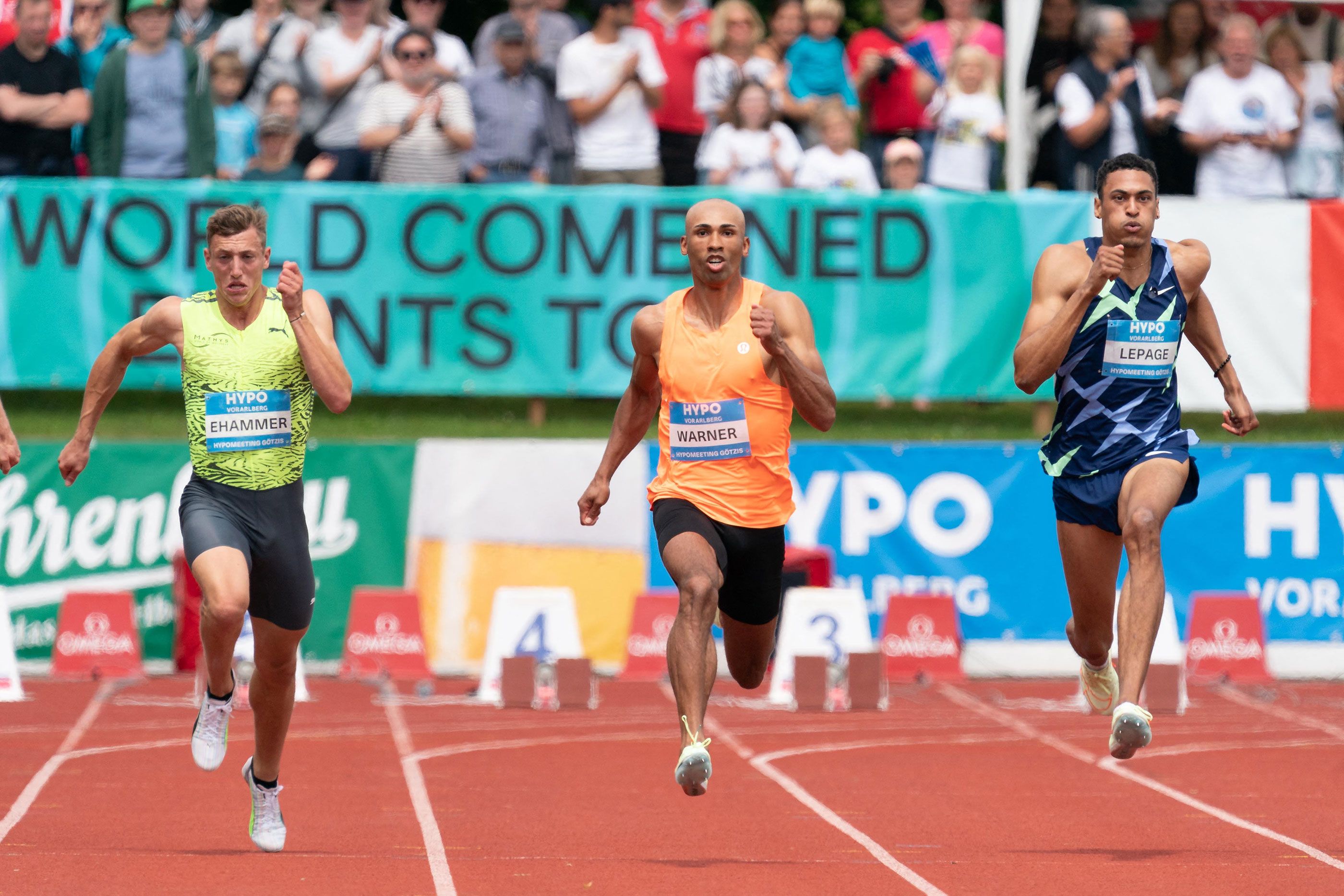 Simon Ehammer, Damian Warner and Pierce LePage in the 100m in Götzis