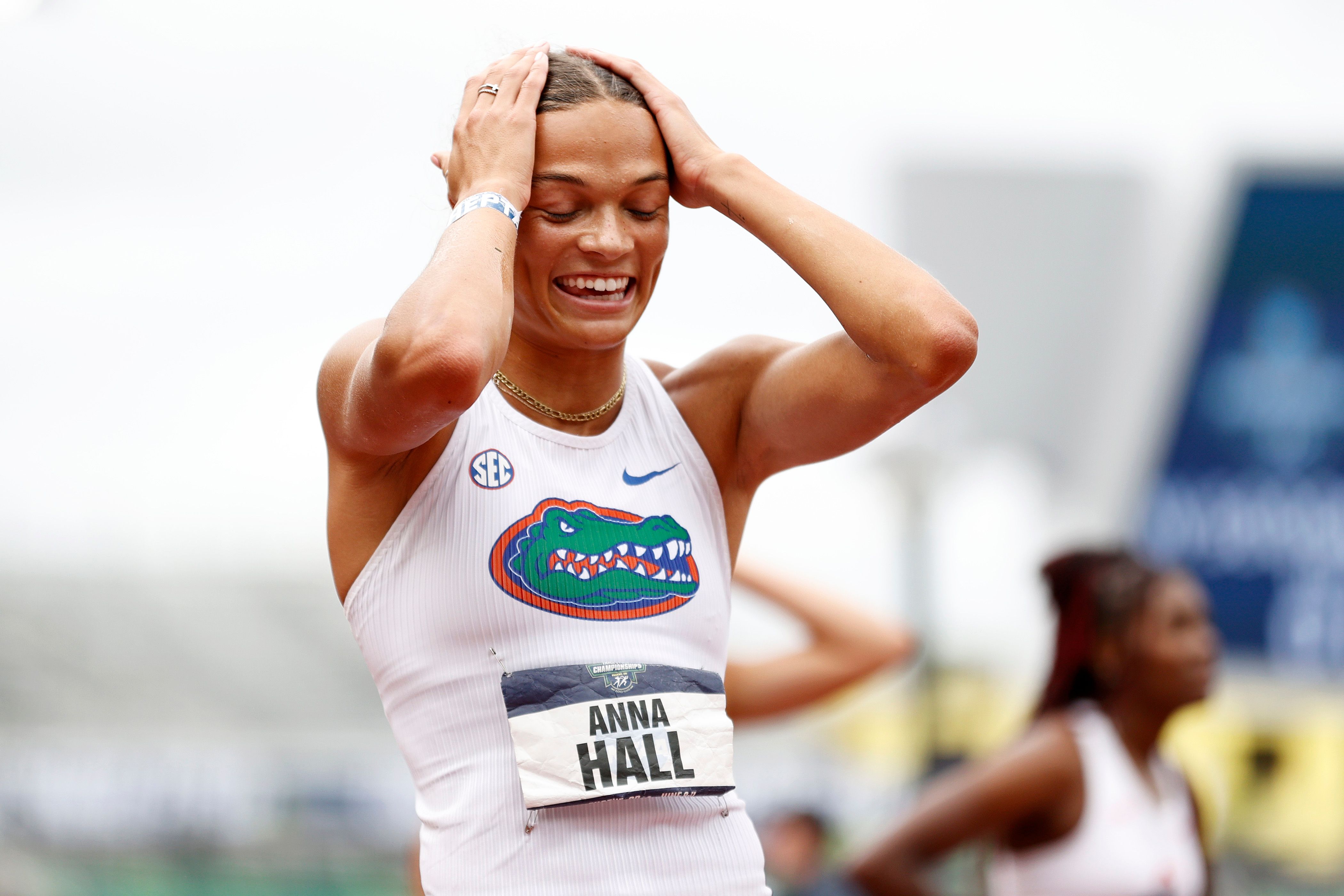 Anna Hall celebrates her NCAA heptathlon win
