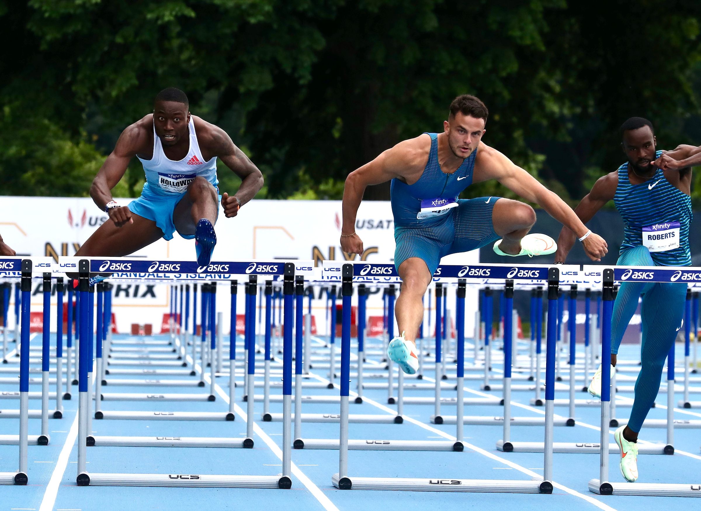 Devon Allen on his way to a 12.84 110m hurdles at the New York Grand Prix