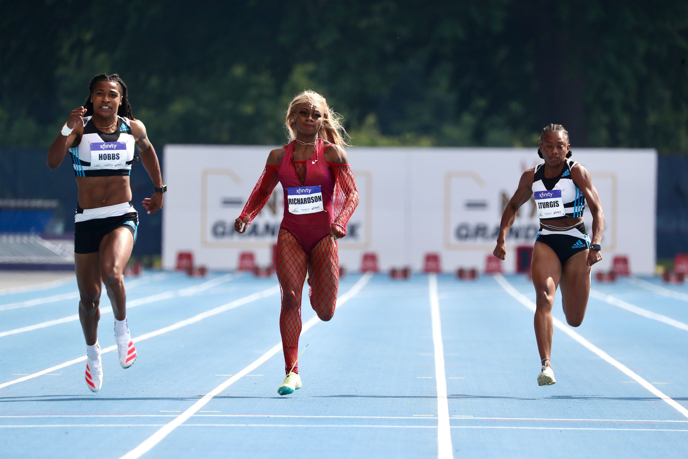 Winner Aleia Hobbs, Sha'Carri Richardson and Cambrea Sturgis in the 100m at the New York Grand Prix