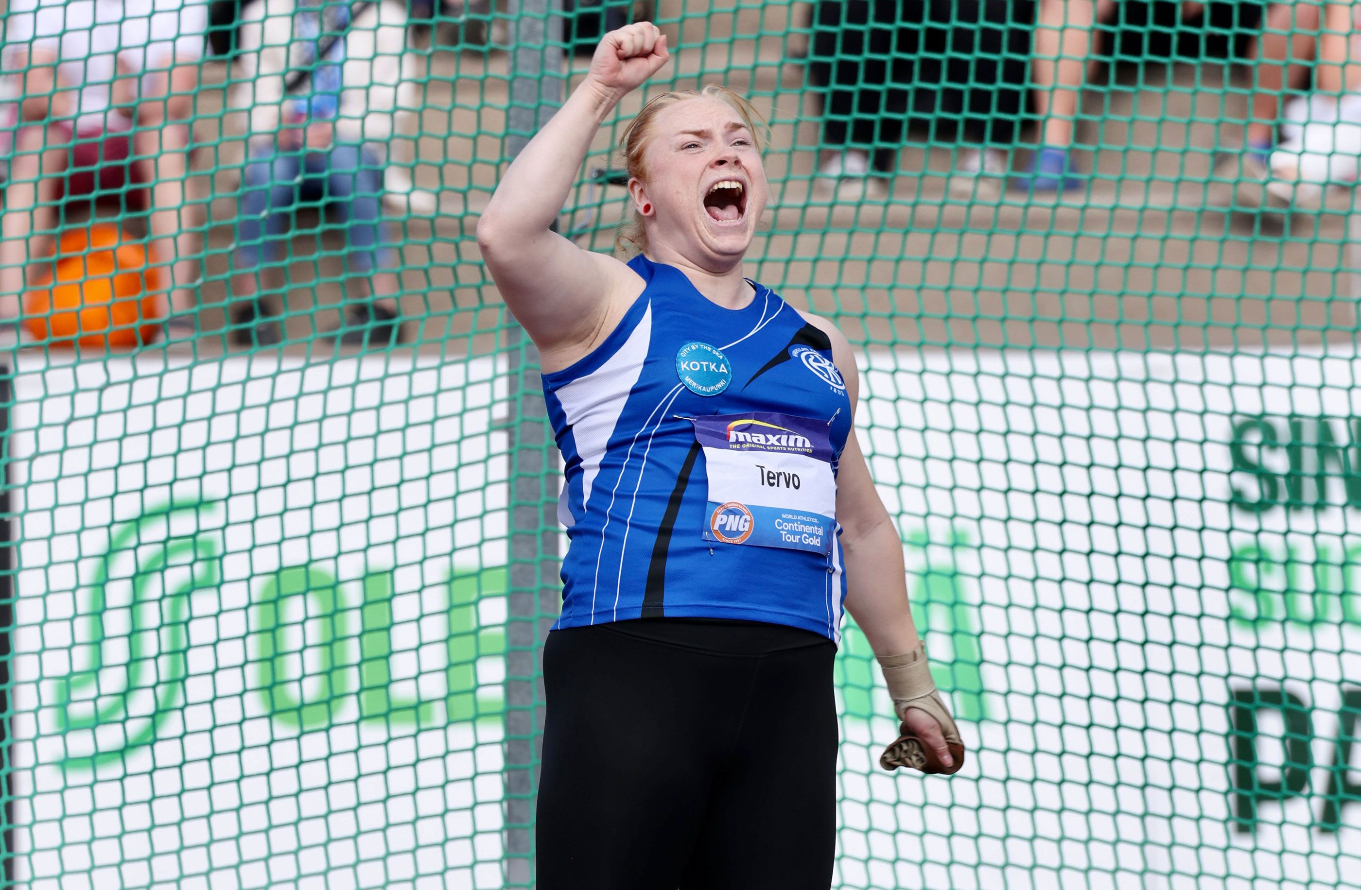 Krista Tervo celebrates her hammer win at the Continental Tour Gold meeting in Turku