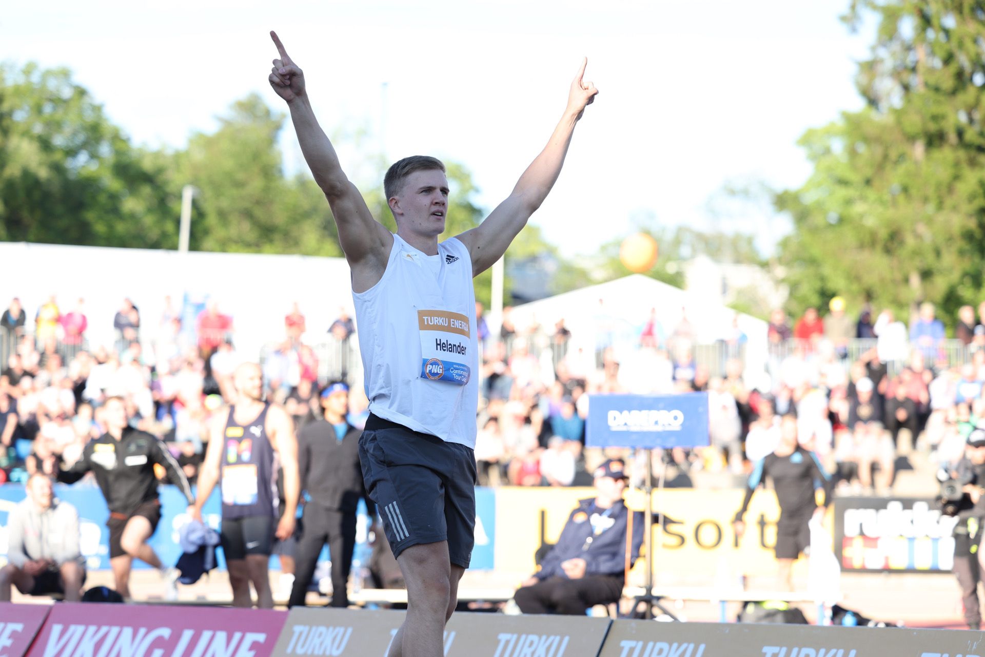 Oliver Helander celebrates his javelin performance at the Continental Tour Gold meeting in Turku