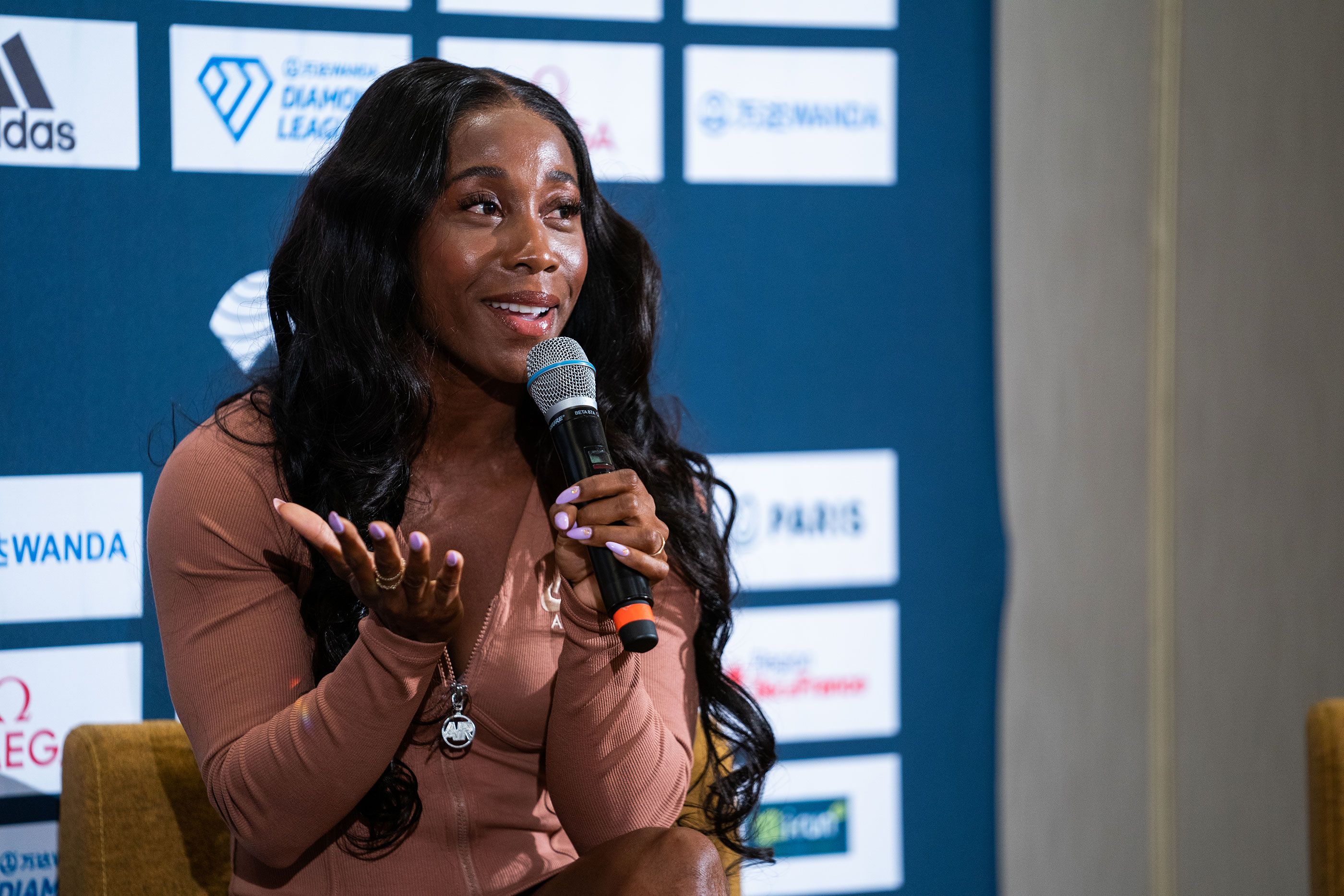 Shelly-Ann Fraser-Pryce at the Wanda Diamond League press conference in Paris