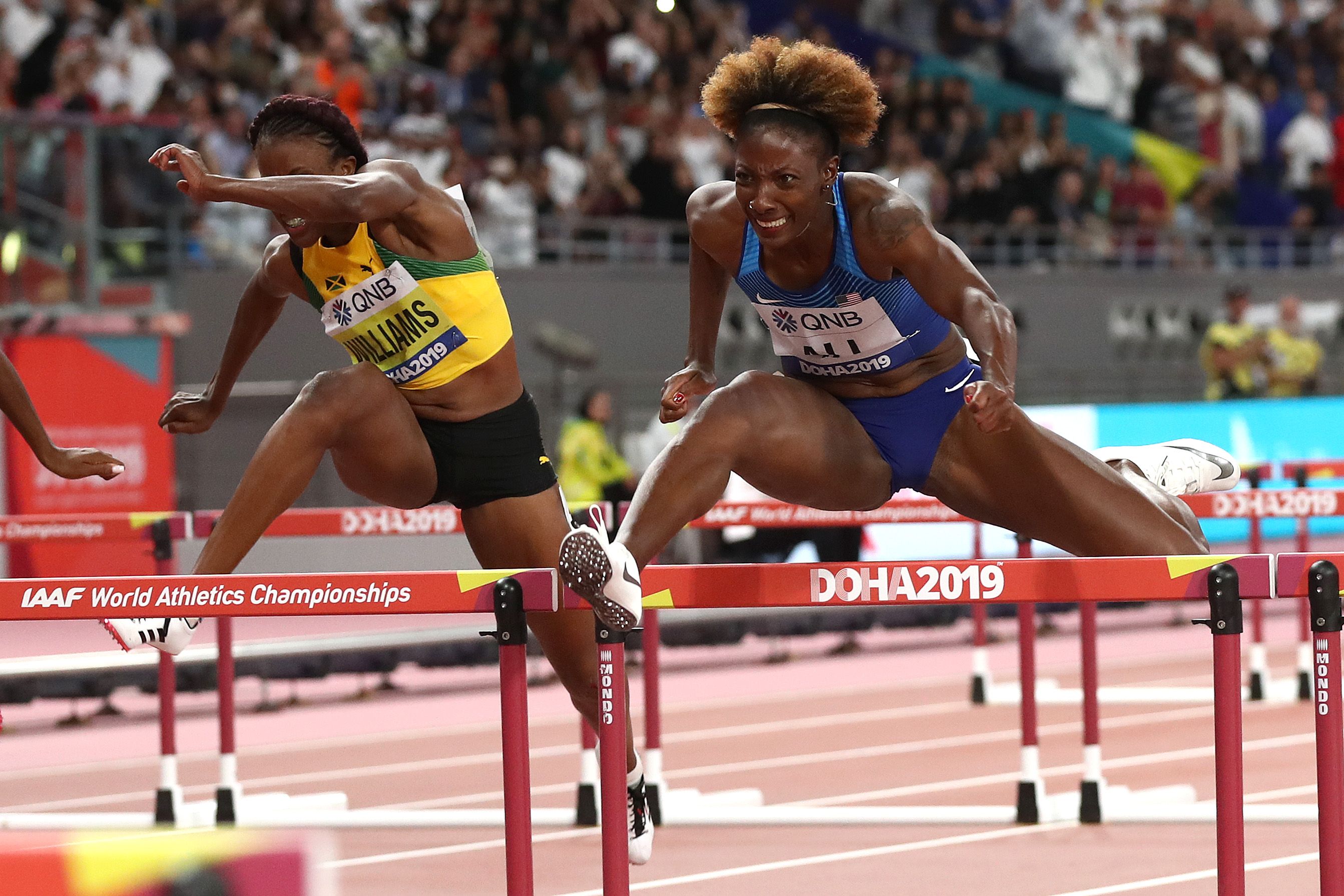 Nia Ali on her way to winning the 100m hurdles at the World Athletics Championships Doha 2019