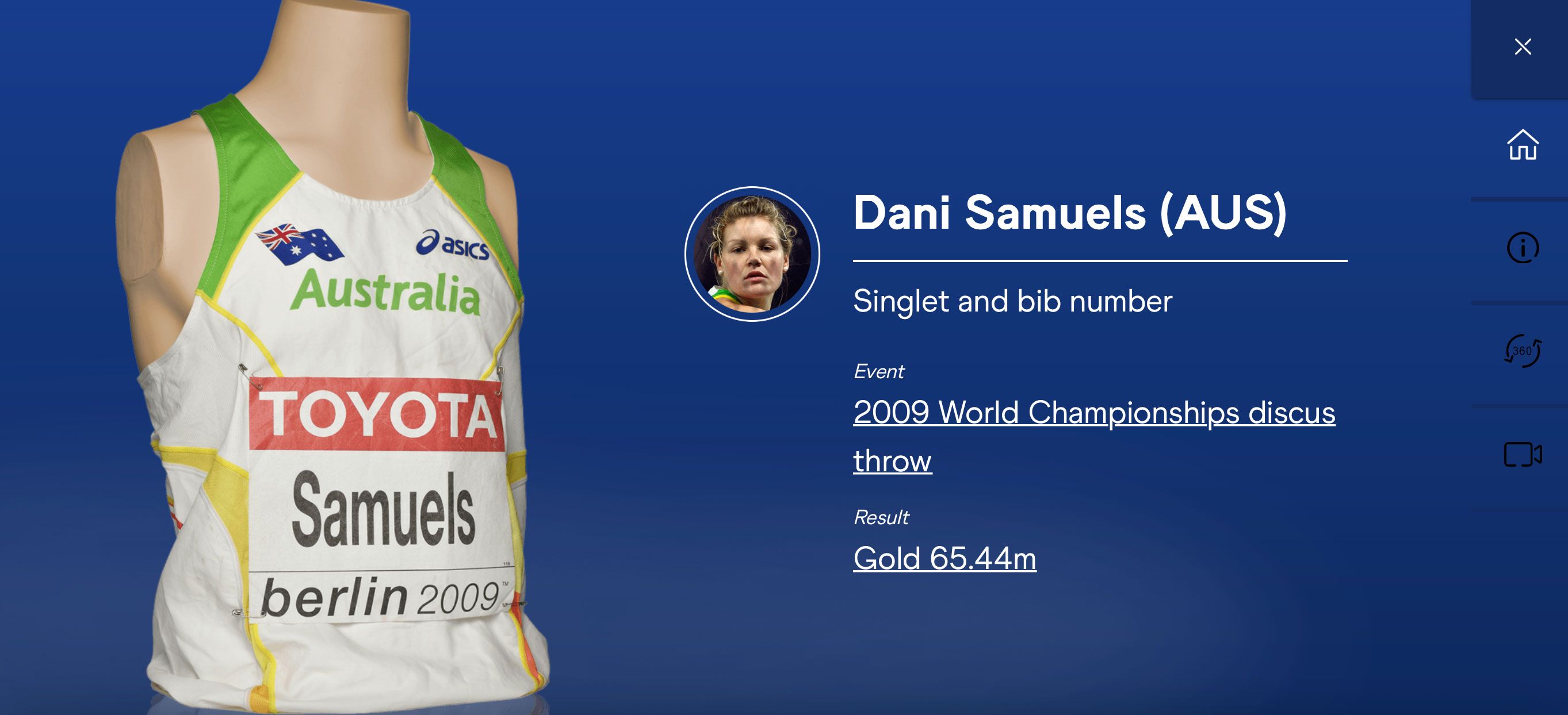 Dani Samuels' singlet and bib number on display in MOWA