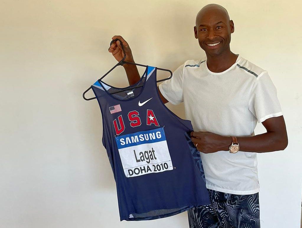 Bernard Lagat with his singlet from the 2010 World Indoor Championships