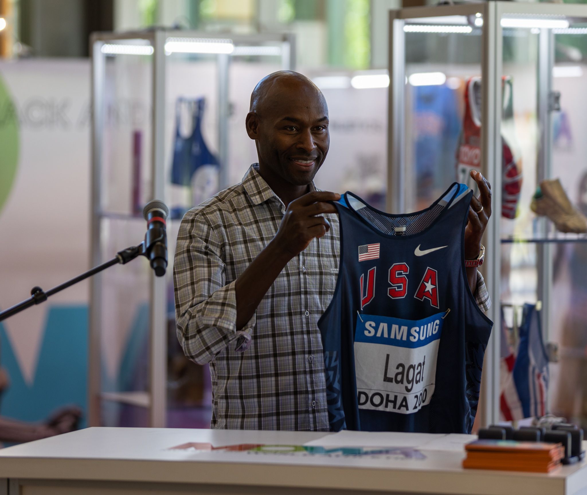 Bernard Lagat with his vest at the MOWA Track & Field Heritage Exhibition Oregon22 in Eugene