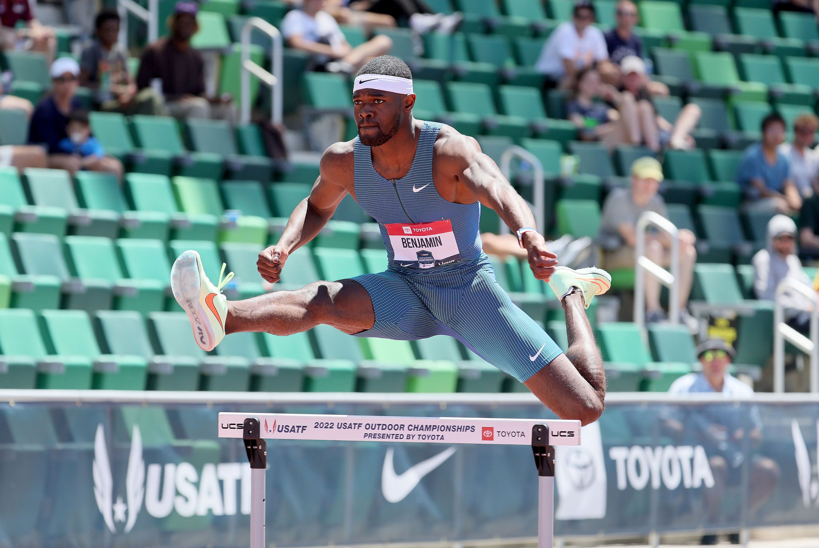 Rai Benjamin in the 400m hurdles at the 2022 US Championships