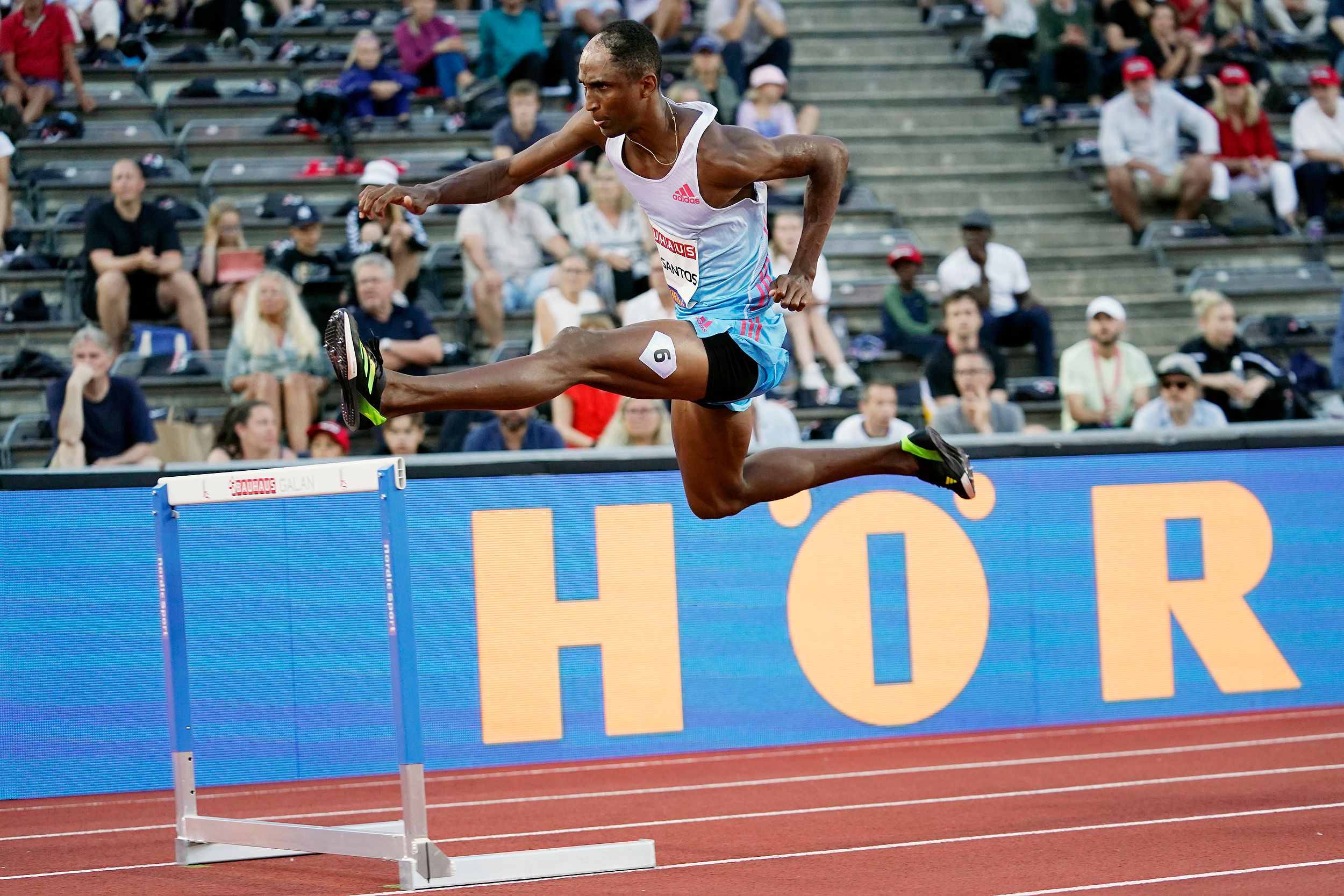 Alison Dos Santos on his way to winning the 400m hurdles at the Wanda Diamond League meeting in Stockholm