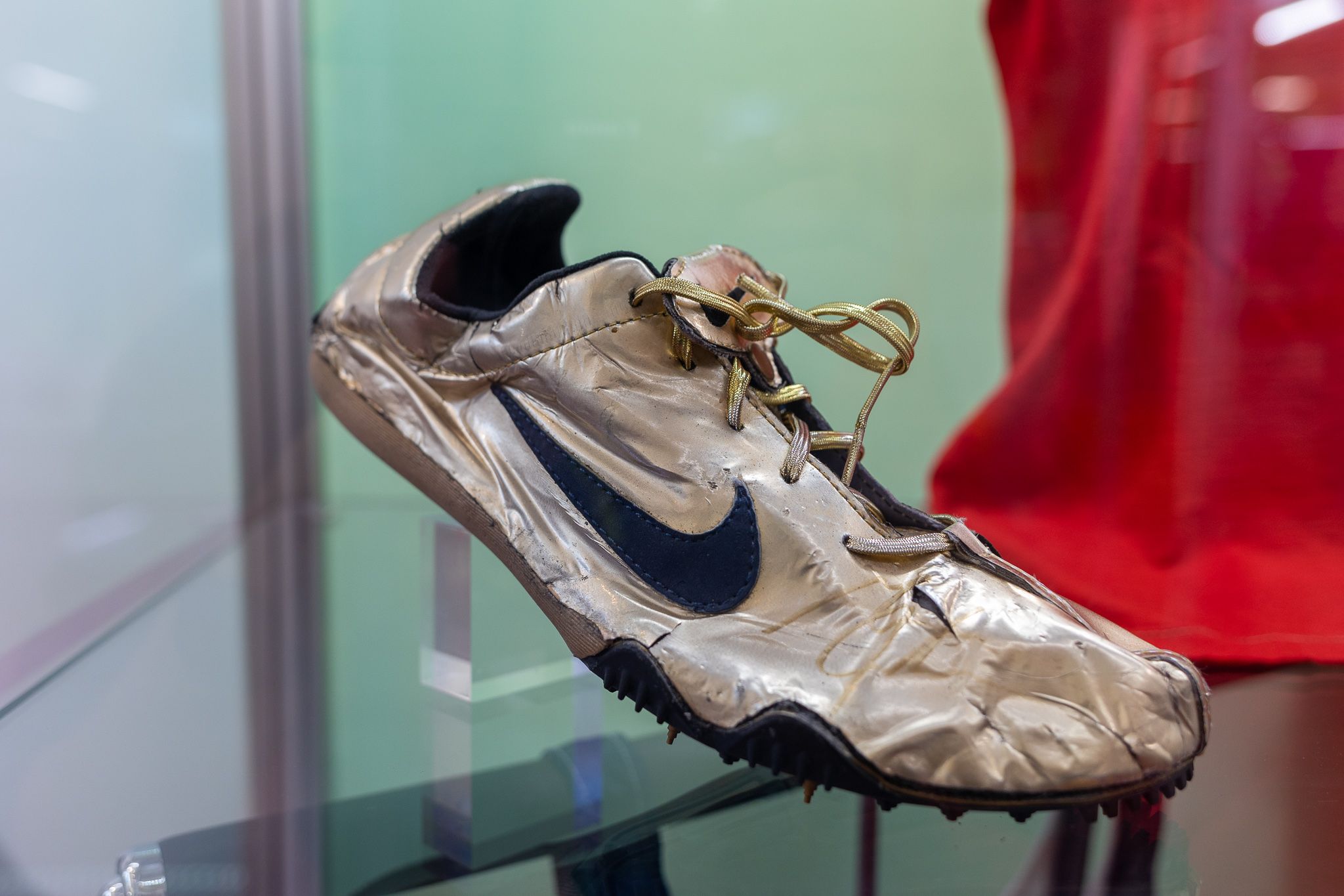 One of Michael Johnson's iconic golden spikes on display in MOWA