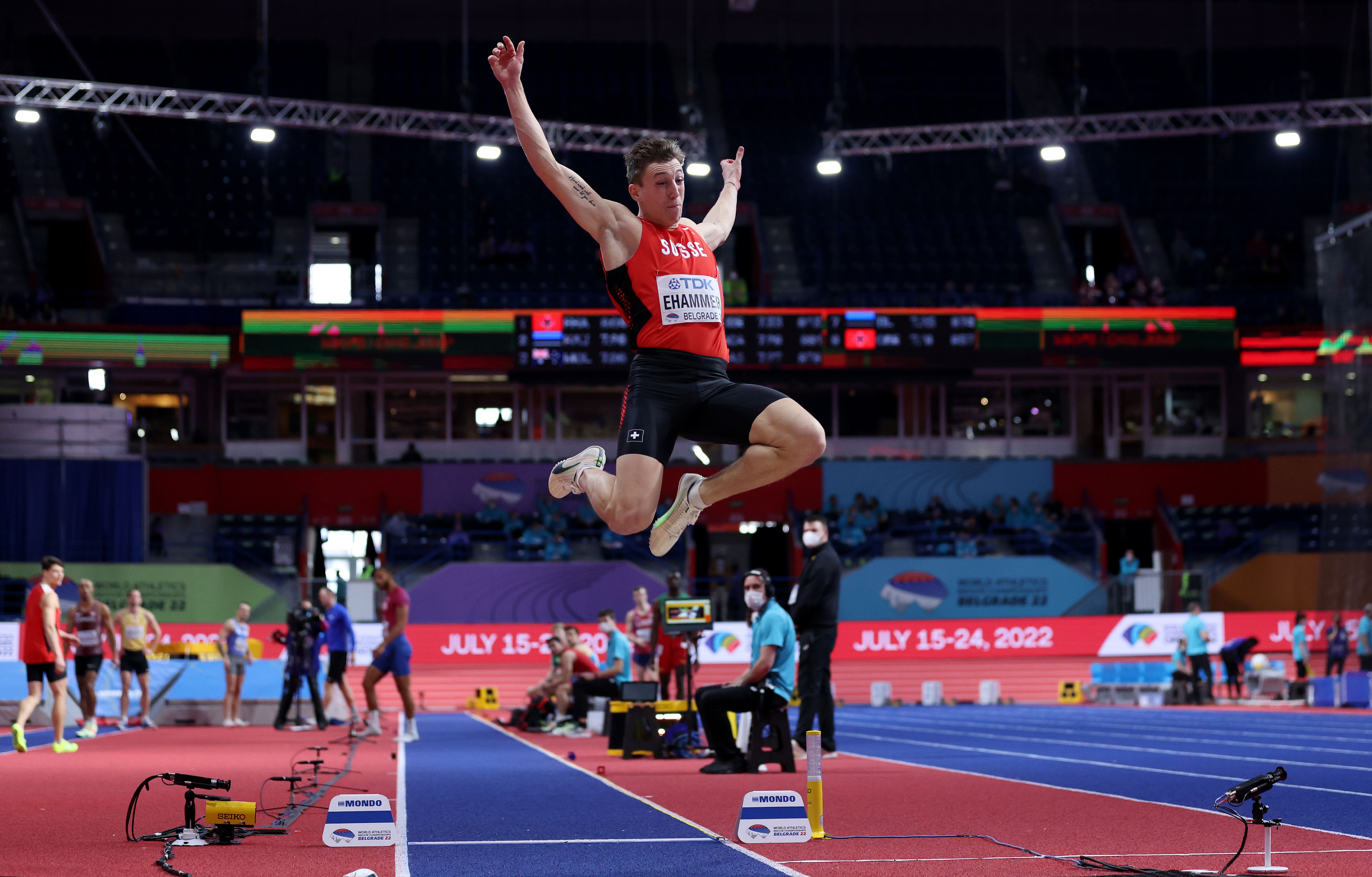 Simon Ehammer in the decathlon long jump at the World Athletics Indoor Championships Belgrade 22