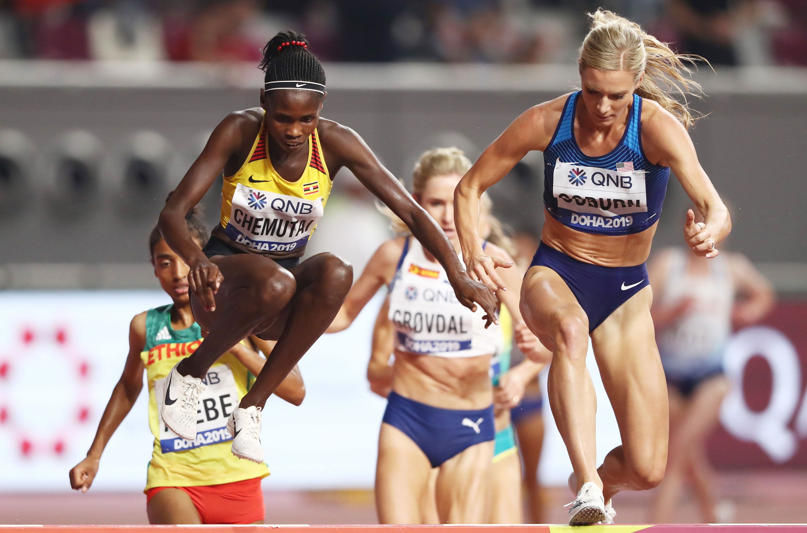Peruth Chemutai and Emma Coburn at the World Athletics Championships Doha 2019
