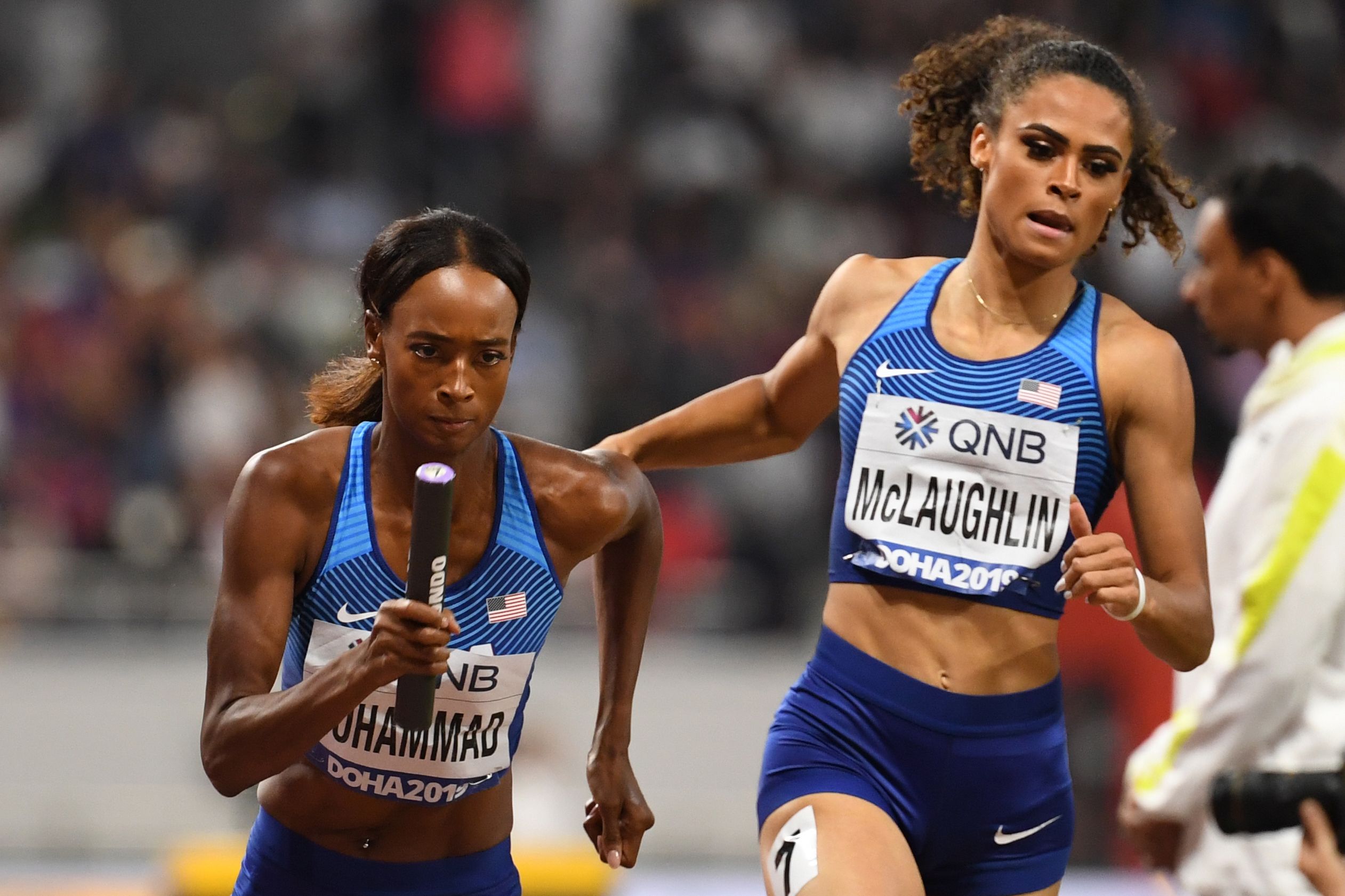 Dalilah Muhammad and Sydney McLaughlin in the 4x400m in Doha