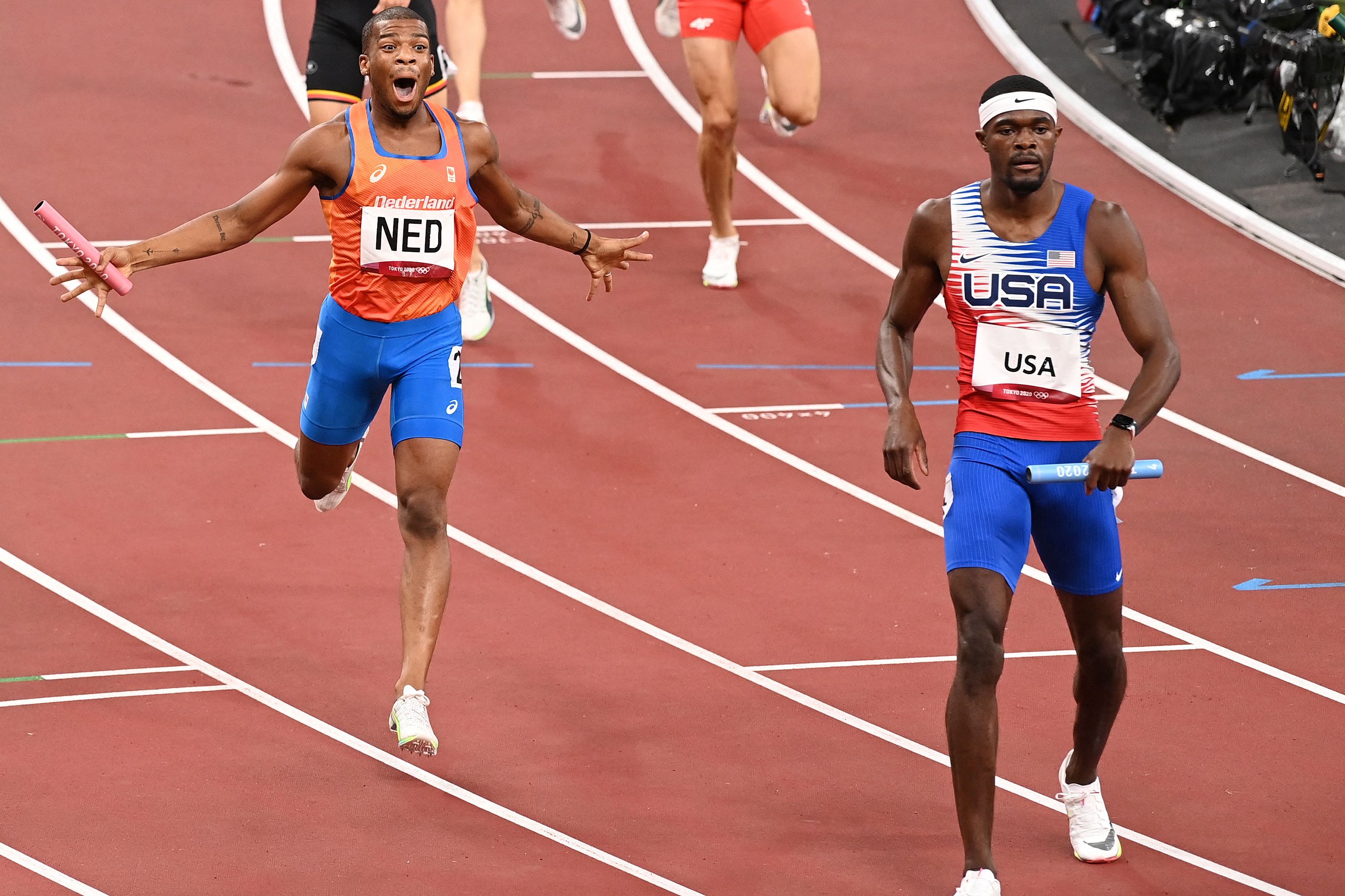 Ramsey Angela celebrates 4x400m silver at the Tokyo Olympics