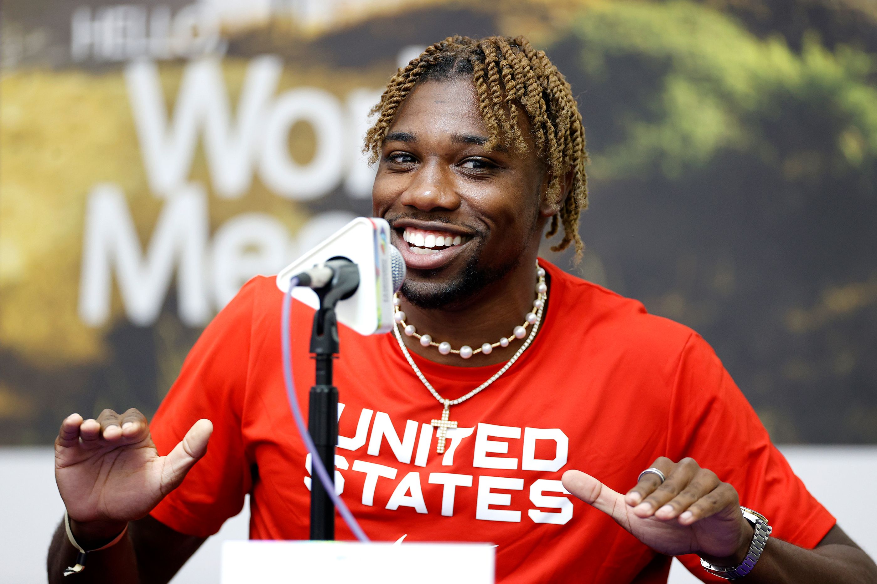 Noah Lyles at the USA press conference ahead of the World Athletics Championships Oregon22