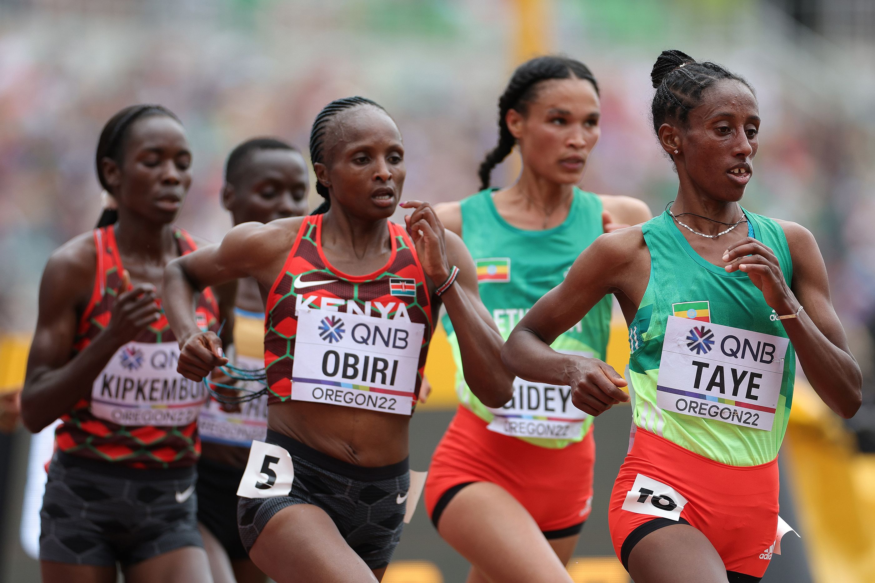 Hellen Obiri, Letesenbet Gidey and Ejgayehu Taye in the 10,000m final in Oregon