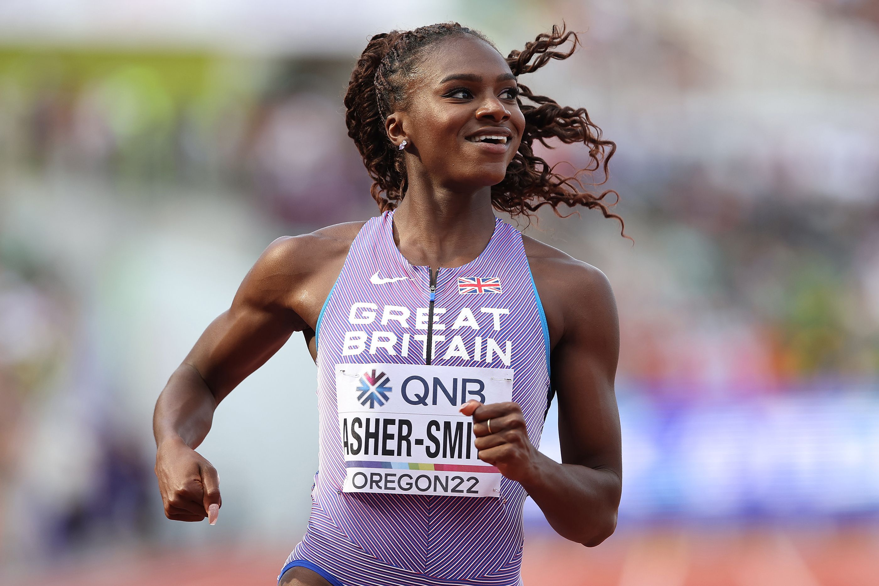 Dina Asher-Smith reacts to her 100m heat performance at the World Athletics Championships Oregon22